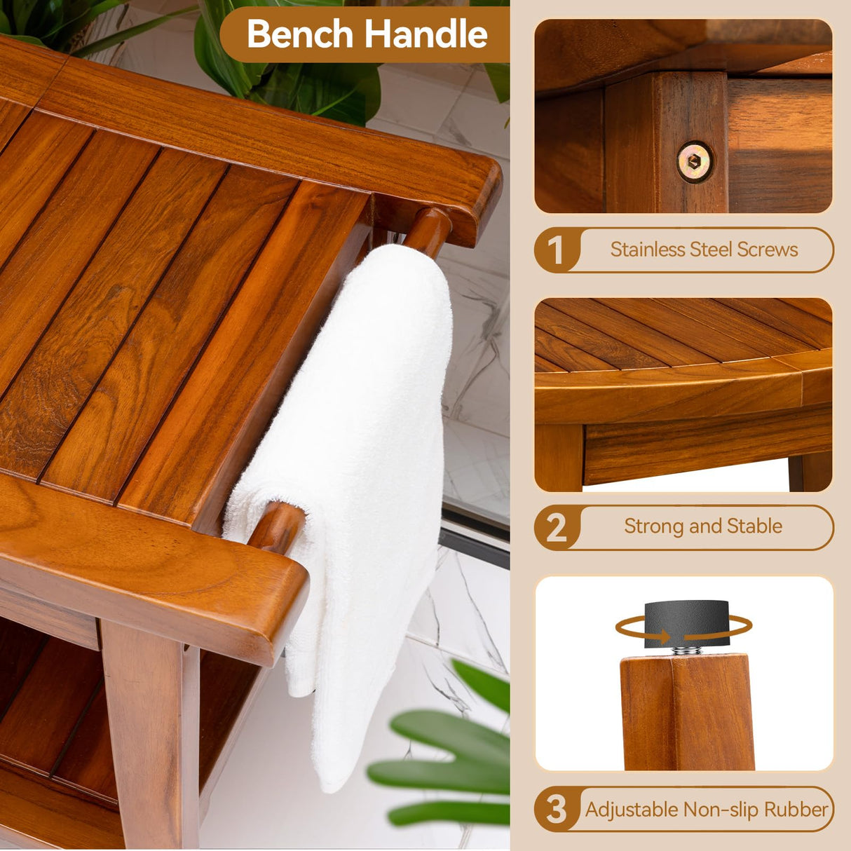 TEAKMAMA Teak Shower Bench with Handles 20" Waterproof Bathing Teak Wood Bench Shower Stool with Storage Towel Shelf Bath Stool for Indoor Use Easy Assembly TEAKMAMA