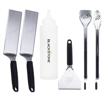 Blackstone 5464 Griddle Tool Kit Outdoor Indoor Grill BBQ Utensils Cooking Accessories-Heat Resistant– 2 Long Spatulas, 2 Angled Scraper Classic Tong, 1 (32oz) Squeeze Bottle, Black, Silver, White