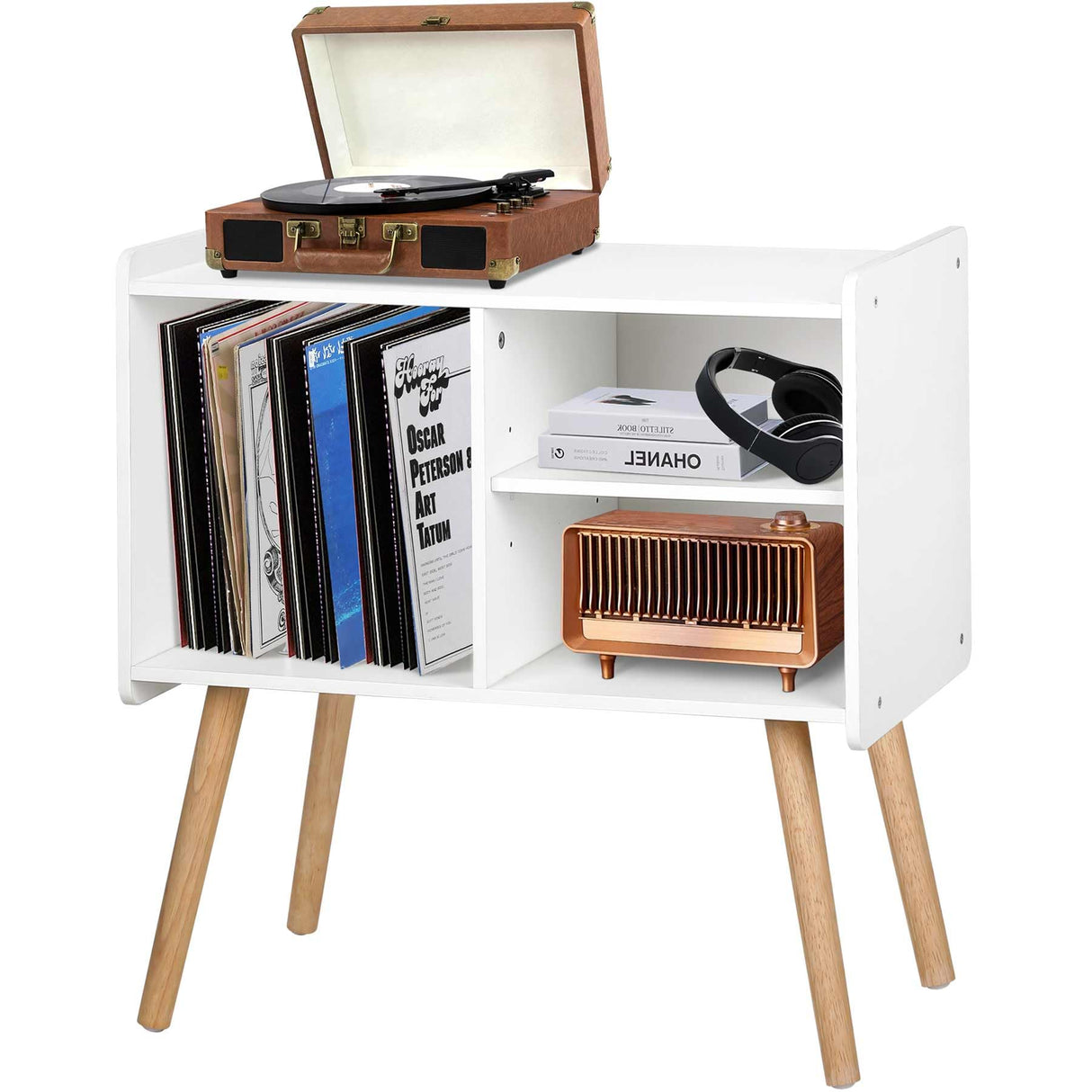 Possile Mid-Century Record Player Stand, Vinyl Record Cabinet Holder with Storage Up to 100 Albums, Record Player Table for Living Room Bedroom Office, Turntable Stand with Wood Legs, White Possile
