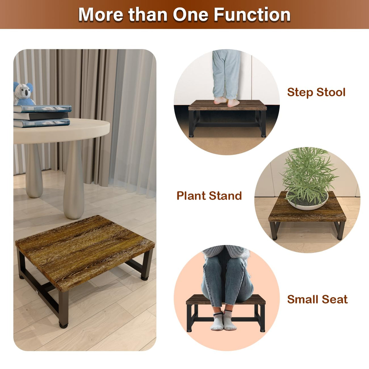 Tigerden Wooden Step Stool for Toddlers Kids and Adults, Heavy Duty Stepping Stools with 300 LB Load Capacity, Foot Step Stool for Bed, Bedroom, Living Room, Bathroom, Kitchen- Rustic Brown & Black Tigerden