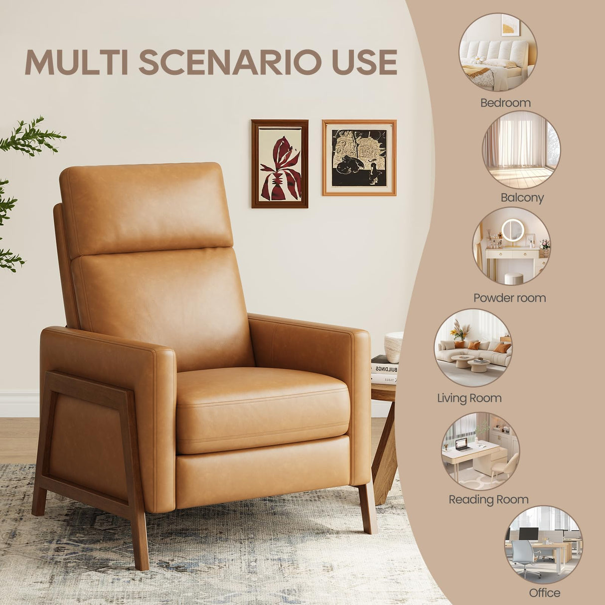 COLAMY Push Back Recliner Chair,Mid Century Modern Wingback Chair, Comfy Armchair PU Leather Living Room Chairs with Wood Legs Reclining Chair Adjustable,Camel COLAMY