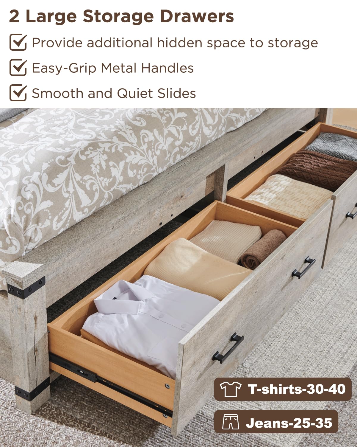 T4TREAM Farmhouse Queen Size Bed Frame with 54" Tall Geometric Headboard & 2 Large Storage Drawers, Rustic Wood Platform Bed with Wood Slats Support, No Box Spring Needed, Light Rustic Oak T4TREAM