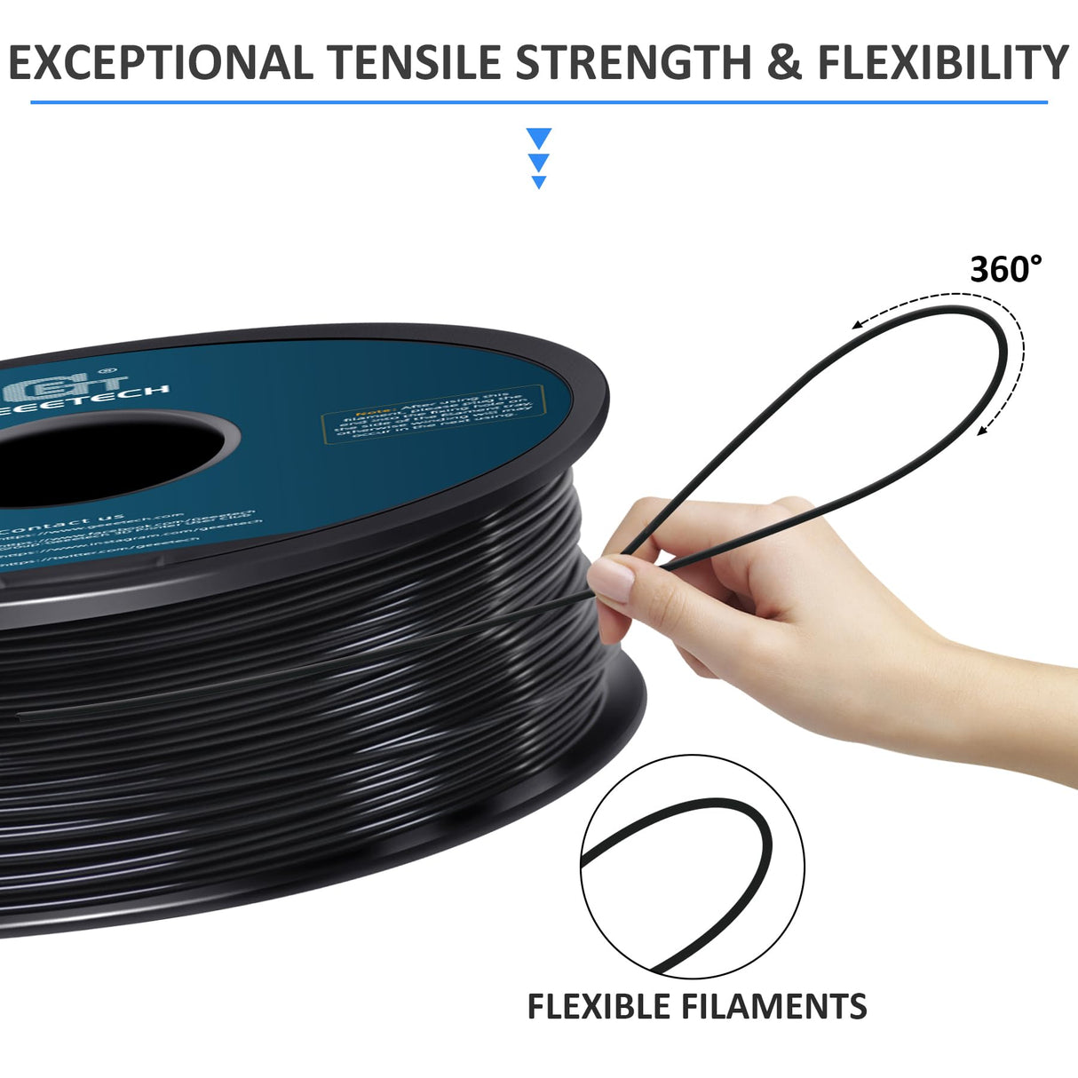 Geeetech TPU Filament 1.75mm, Shore 95A – Flexible 3D Printer Filament with High Elasticity, 1KG (2.2lbs) Spool, Dimensional Accuracy ±0.03mm, Fits Most FDM Printers (Black) Geeetech