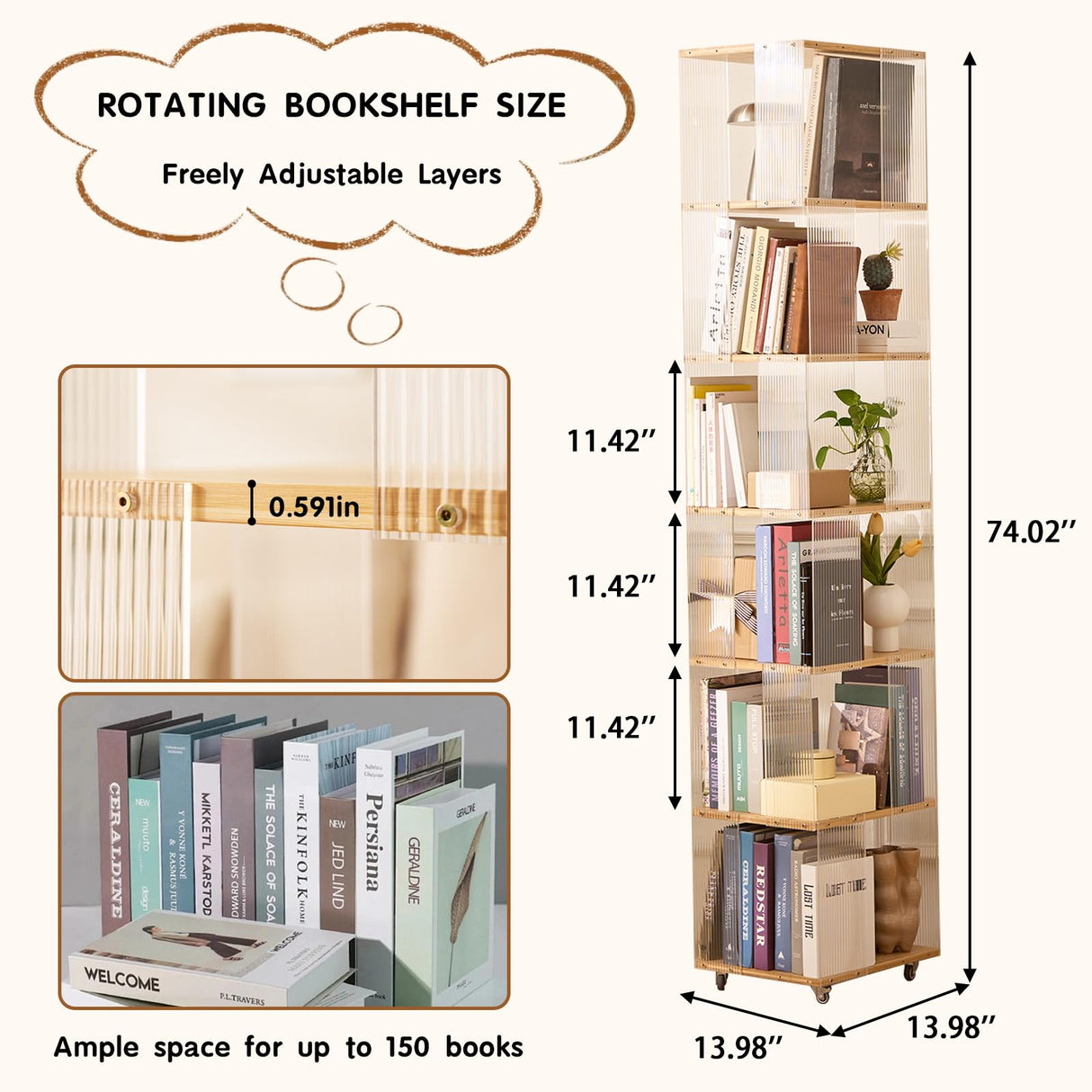 ZHUMUJIAJU 6-Tier Rotating Bookshelf- 360° Spinning Bookshelf Tower Kids, Tall Narrow Bookshelves with Wheels, Acrylic Clear Bookcase, Modern Storage Organizer for Home Office, Living Room, Bedroom ZHUMUJIAJU