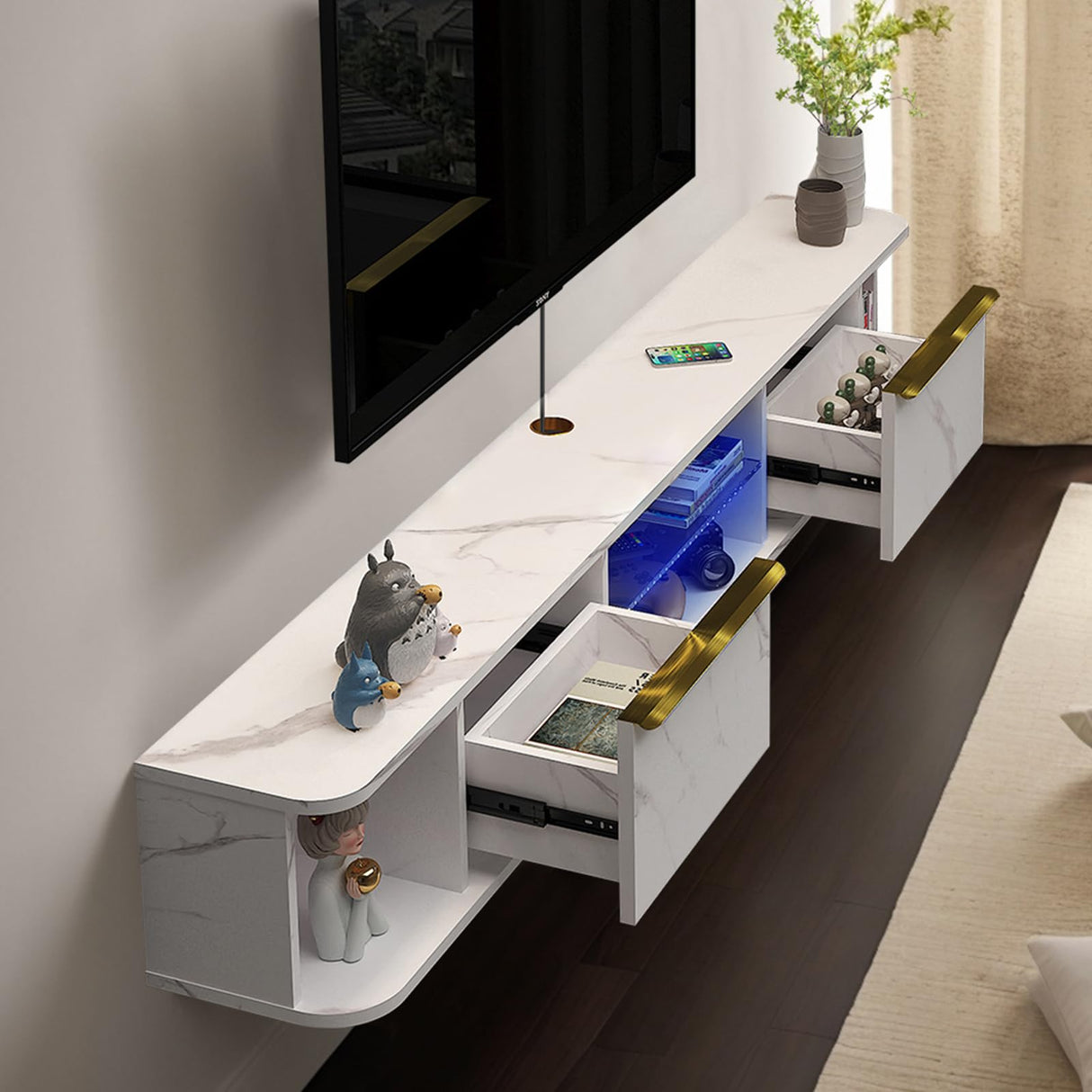 Pmnianhua LED Floating TV Stand with 2 Drawers,63'' Floating TV Shelf with LED Lights,Wall Mounted Media Console,Floating Entertainment Center with Storage for Bedroom Playroom Living Room(White) Pmnianhua