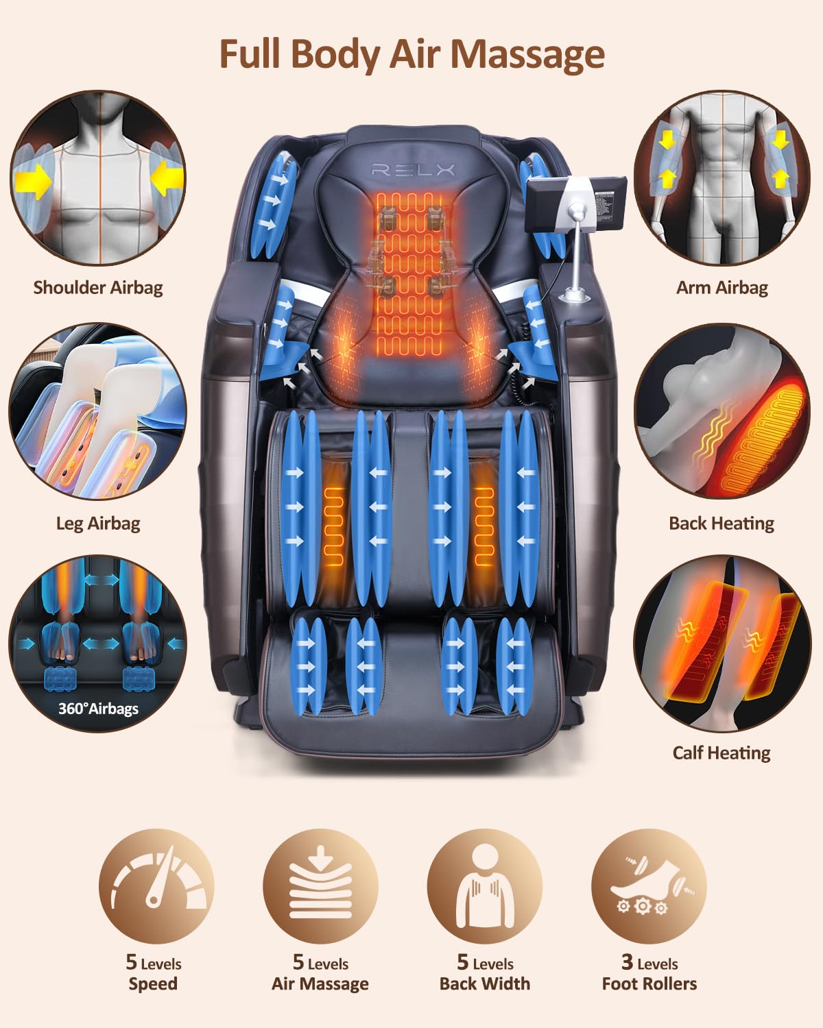 RELX 2026 Massage Chair Full Body, 20 Modes Zero Gravity SL-Track Shiatsu Massage Chair Built-in Heat System, Airbag Massage with Body Scan, Deep Yoga Stretch, Calfrest Extension and AI Control(Brown) RELX