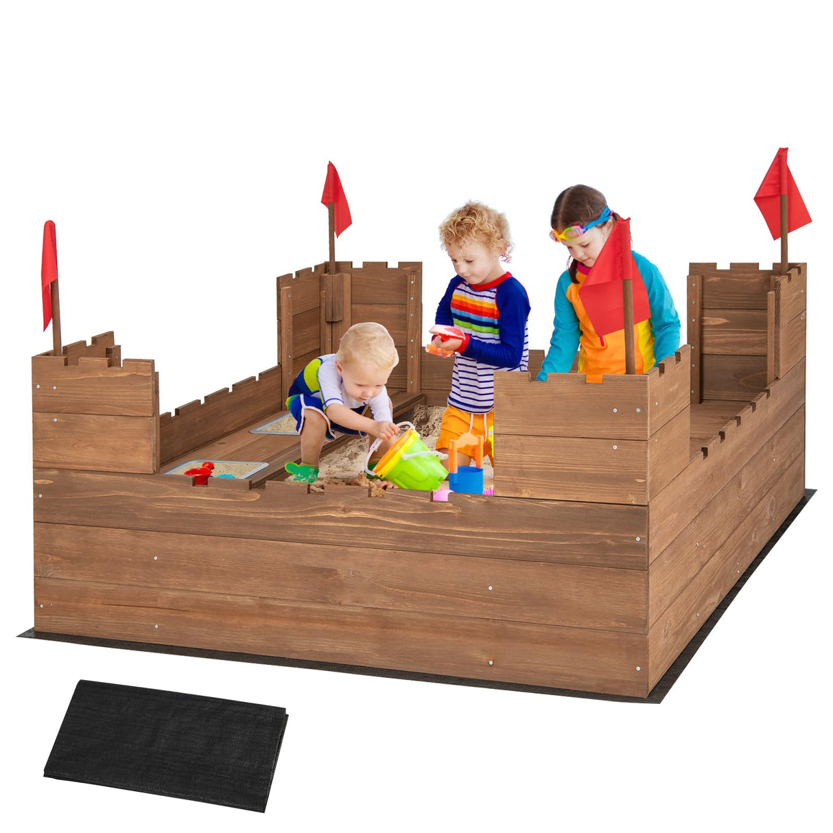 HONEY JOY Sandbox with Sand Wall, Cedar Bottomless Sand Pit for Backyard, 4 Red Flags & Bottom Liner, Side Bench & 2 Boxes, Wooden Sand Boxes for Kids Outdoor, Gift for Boys Girls HONEY JOY