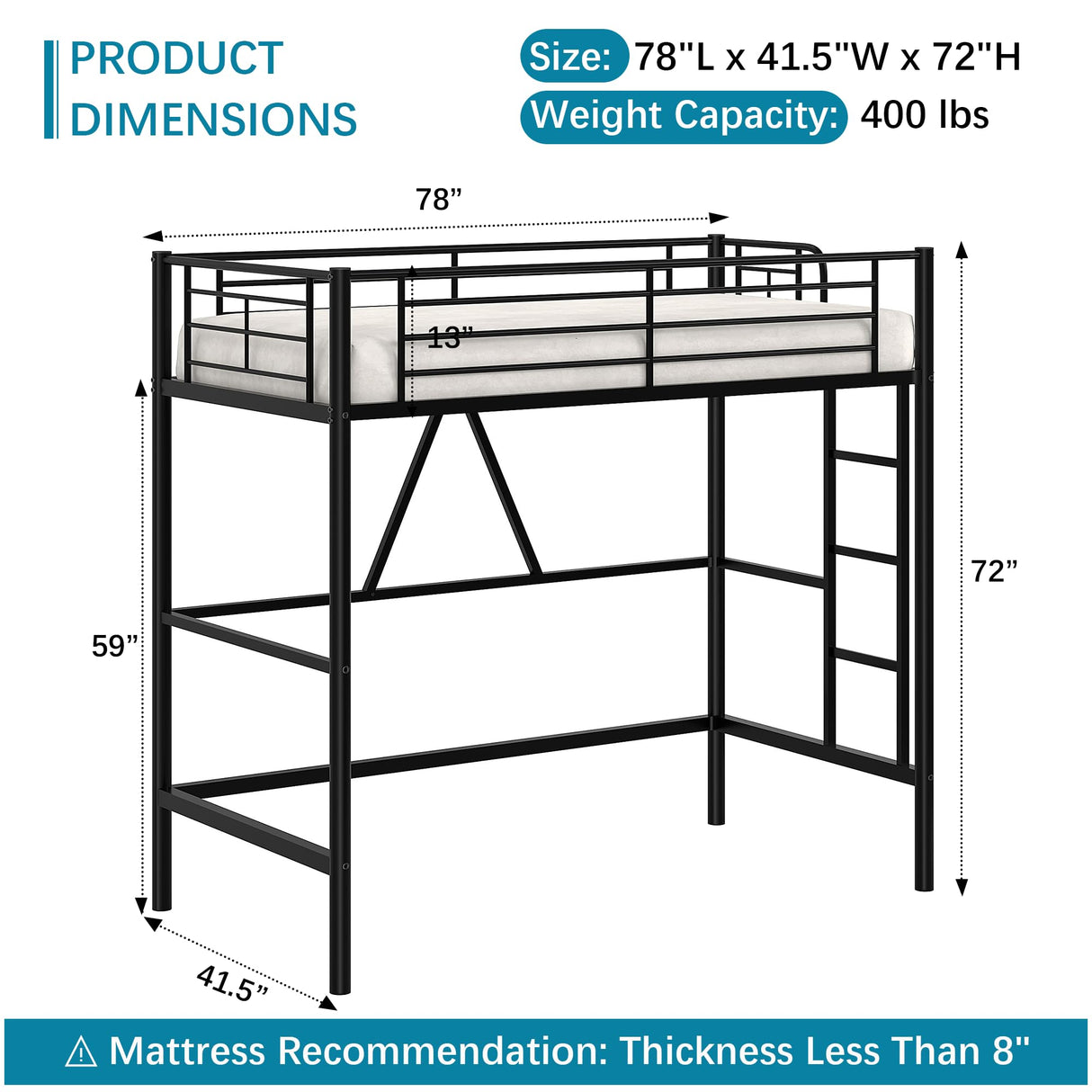 VECELO Twin Size Loft Bed with Full-Length Guardrails and Removable Ladder, Heavy-Duty Metal Frame, Space-Saving Design & Noise-Free, Black VECELO
