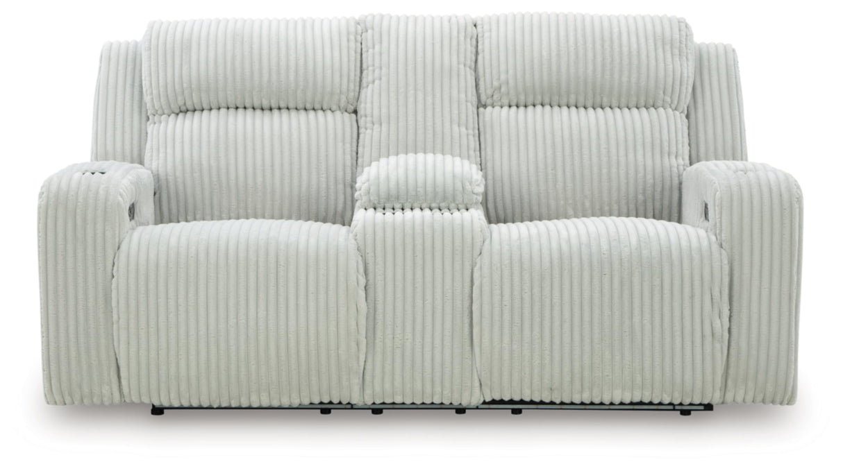 Signature Design by Ashley Broad Cove Modern Power Reclining Loveseat with Console, Adjustable Headrest and LED Lights, White Signature Design by Ashley
