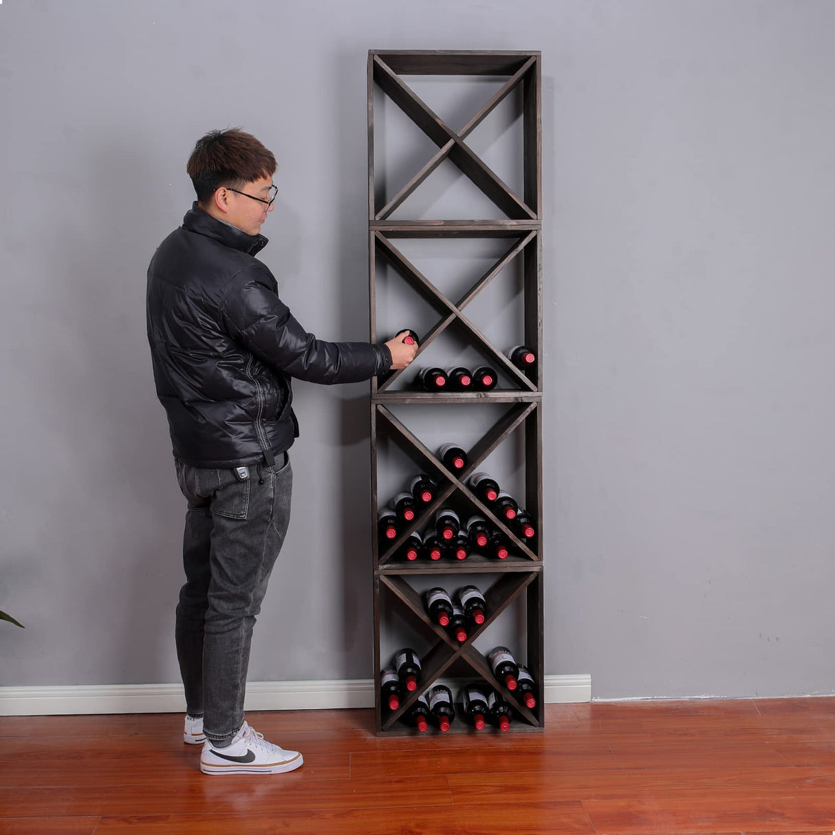 FDHUIJIA Wine Racks countertop Solid Wood Stackable Storage Rustic Retro Cube 48-Bottle Wooden Wine Rack Wine Cabinet(48BottleBlack) FDHUIJIA
