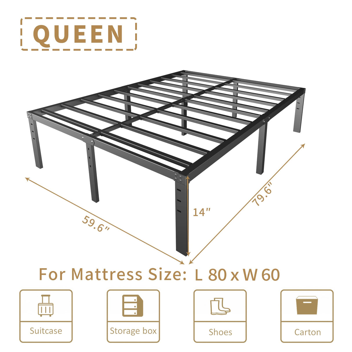 HOBINCHE 14 Inch Metal Bed Frame Queen Size No Box Spring Needed - Easy Assembly Heavy Duty Noise Free Narrow Bedframes - Double Black Basic Steel Slats Platform with Storage HOBINCHE