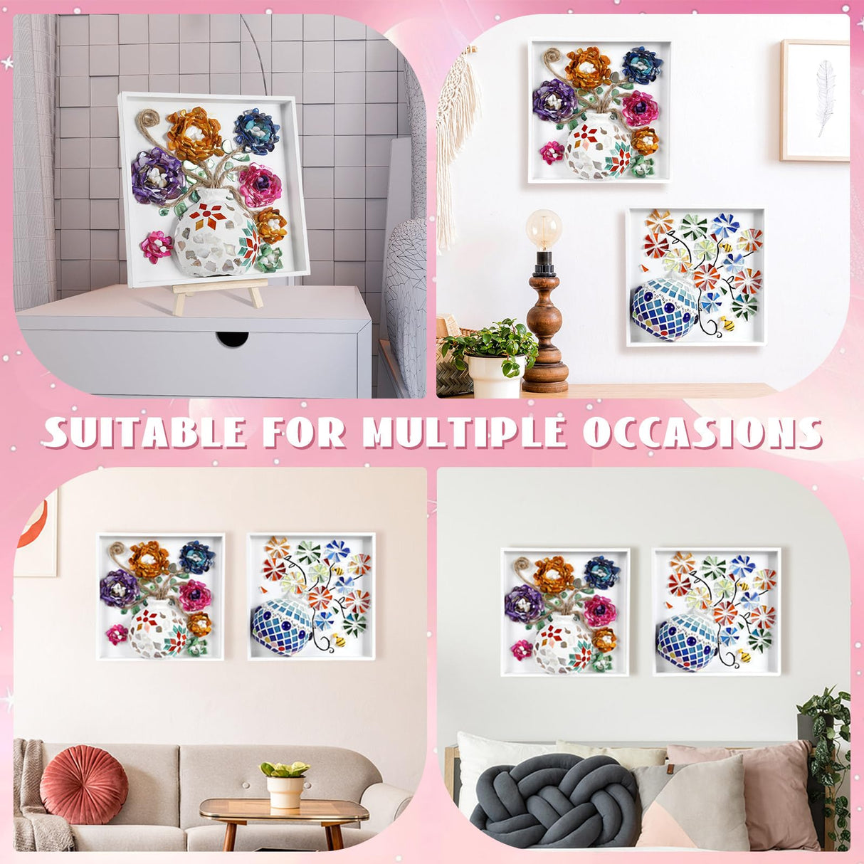 Fuyoooo 2 Sets DIY Vase Mosaic Painting Kit DIY Mosaic Arts and Craft Kits Mosaic Tiles DIY Crafts with Vase Flower Mosaic Accessories Creativity Handmade Artwork for Adults Home Decoration Fuyoooo