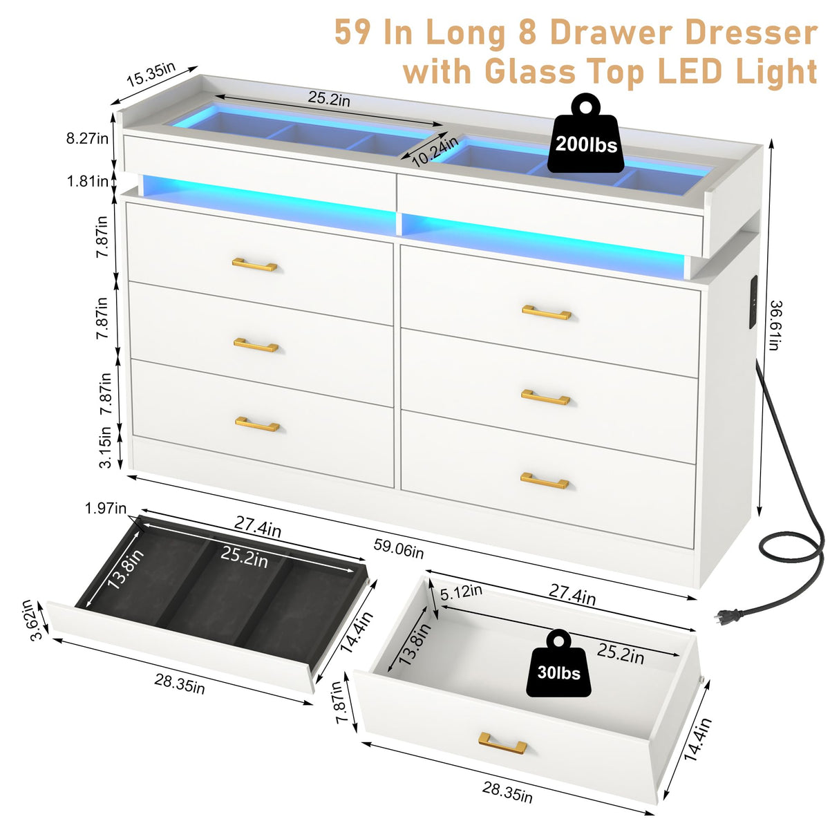 59''W Large Modern 8 Drawers Dresser for Bedroom with Glass Tabletop,Wide Wooden 6 Chest of Drawers for Closet&2 Jewelry Drawers,LED Light,Power Outlets,Tall Storage Dresser for Bedroom,White Hlivelood