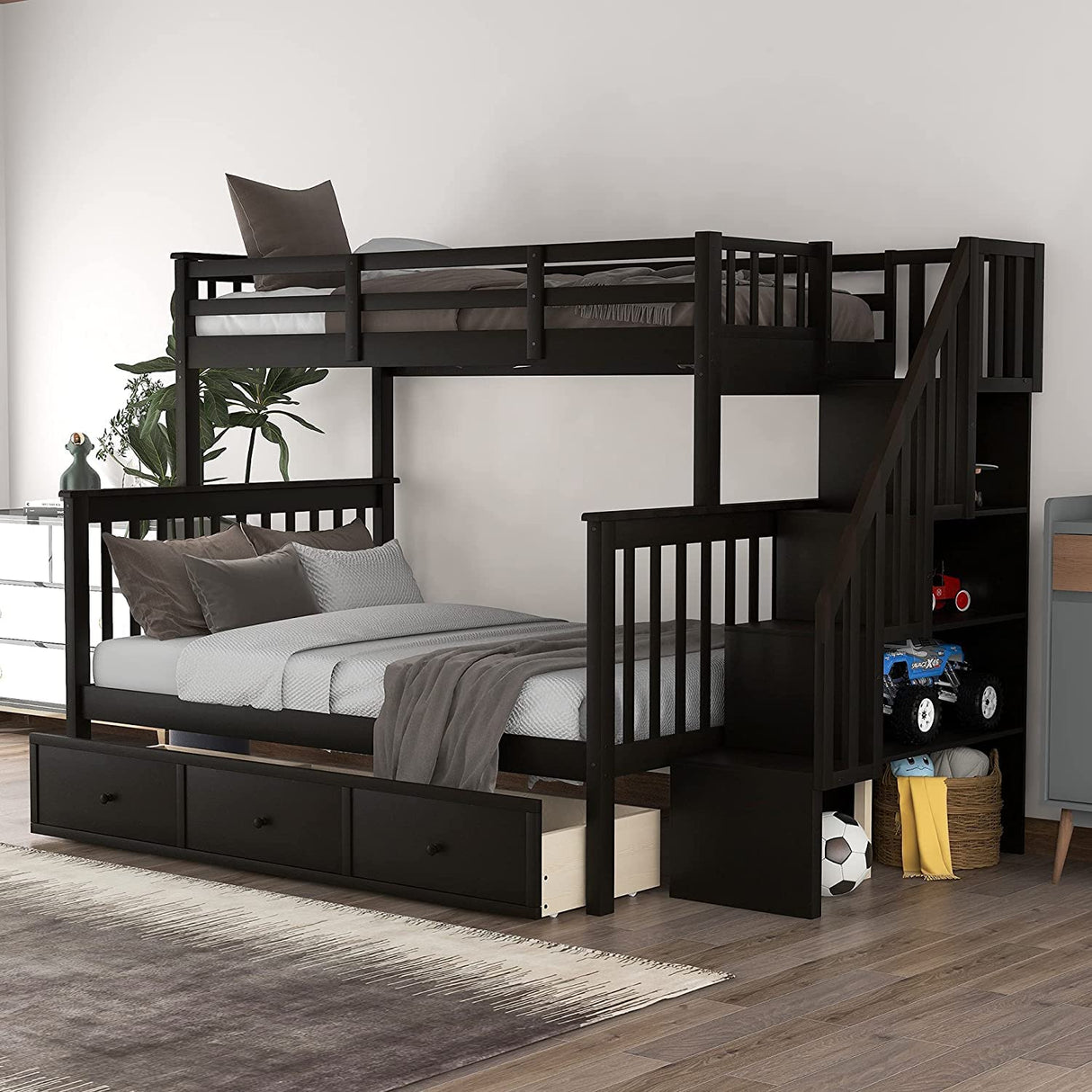 Espresso Twin Over Full Bunk Bed with Storage Drawers and Safety Stairway by Harper & Bright Designs Harper & Bright Designs