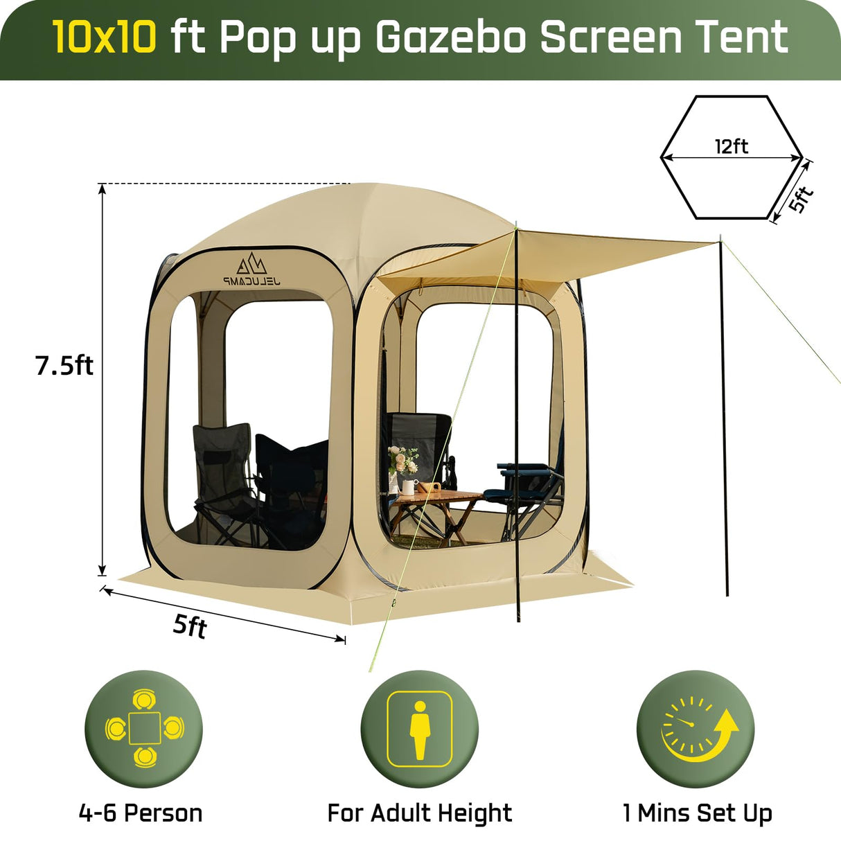 JELUCAMP 10x10 FT Pop Up Screen Tent - Instant Screened Gazebo Canopy with Mosquito Net, Portable Backyard Tent for 4-6 People, Easy Setup Patio Shelter for Camping, BBQ, Sports & Outdoor Activities JELUCAMP
