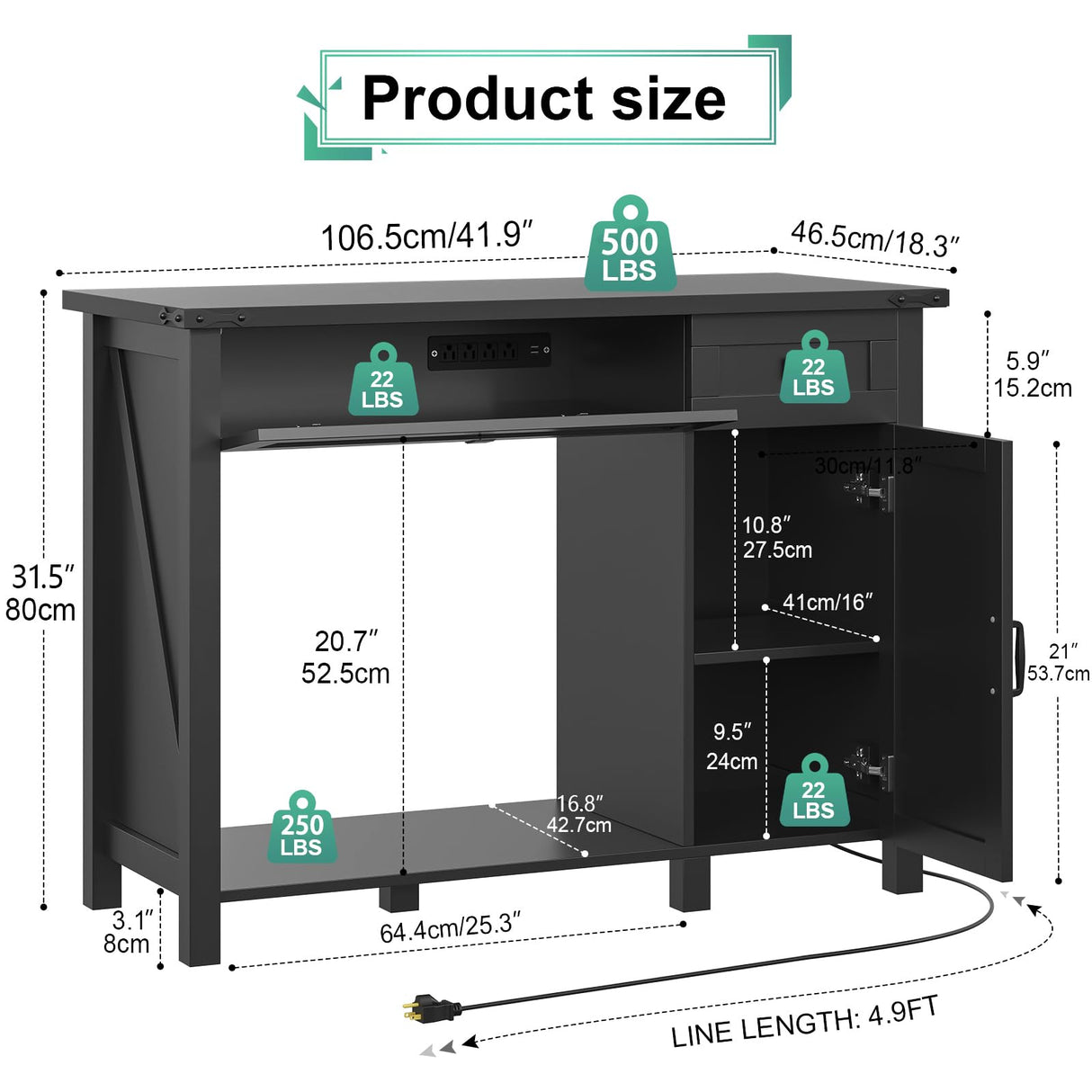 Saudism 40 Gallon Aquarium Stand With Charging Station, Farmhouse Fish Tank Stand, Reptile Tank Stand Terrarium Stand with Drawer and Cabinet Storage, Sturdy Heavy Duty 41.9"×18.3" Tabletop - Black Saudism