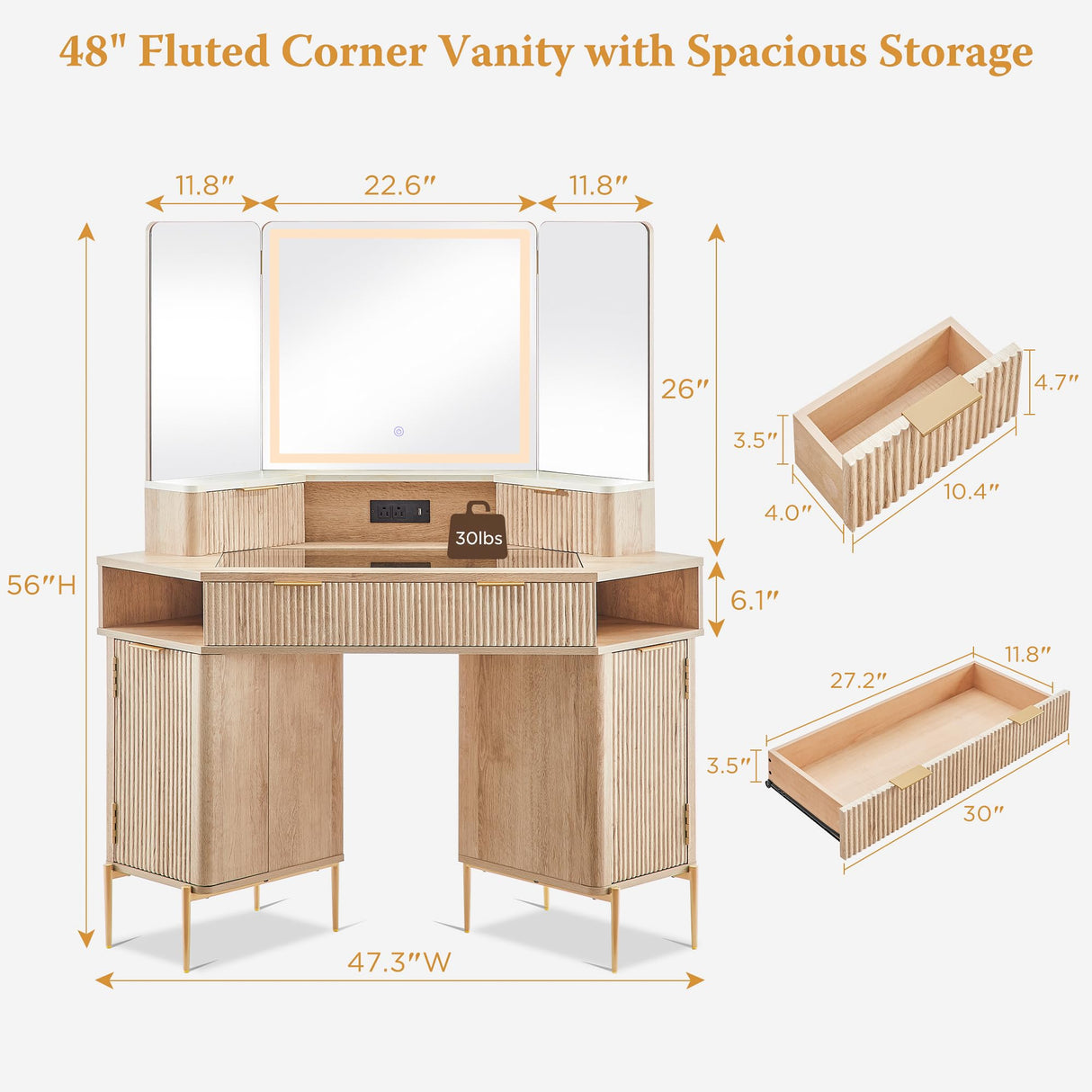T4TREAM 48'' Fluted Makeup Vanity Desk with HD Triple Mirror and Lights, Large Lighted Corner Vanity with Glass Top, Modern Dressing Table with 3 Drawers & 2 Cabinets for Bedroom, Natural Oak T4TREAM