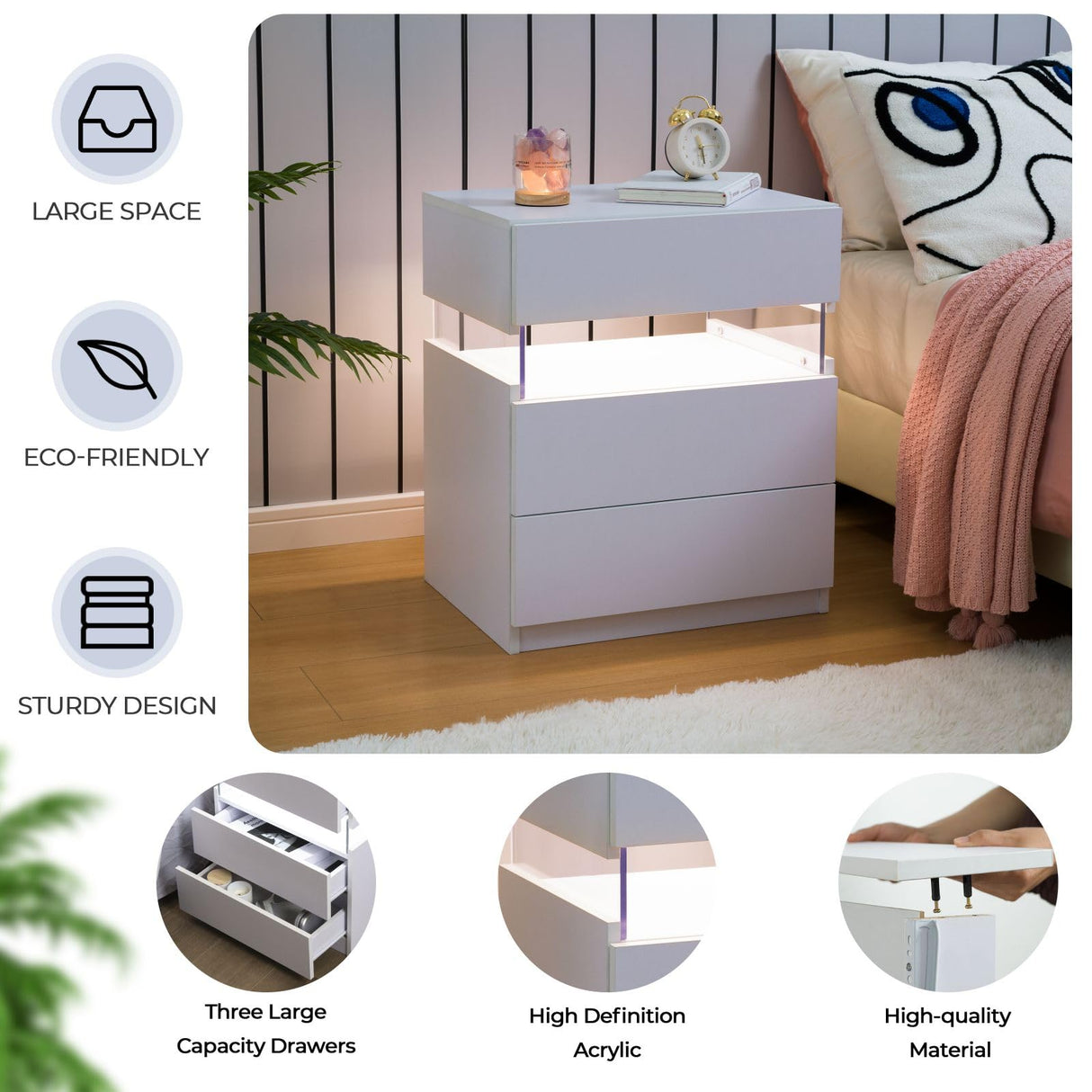 i-aplus Night Stand set 2 LED Night Stand for Bedroom Modern LED Bedside Table with 3 Drawers End Side Table i-aplus
