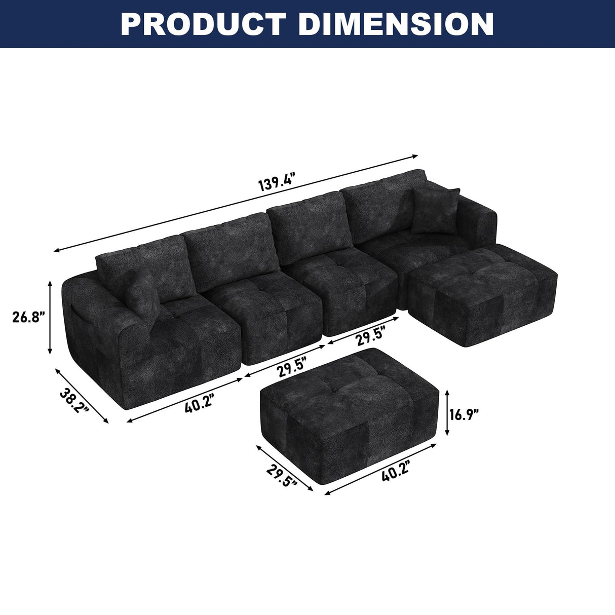 Squireewo 140" U-Shaped Sectional Sofa,4 Seat Modular Cloud Couch Boneless with 2 Convertible Ottomans & Deep Seat,No Assembly Required,Modern Chaise Lounge for Living Room,Chenille,Grayish-Black Squireewo