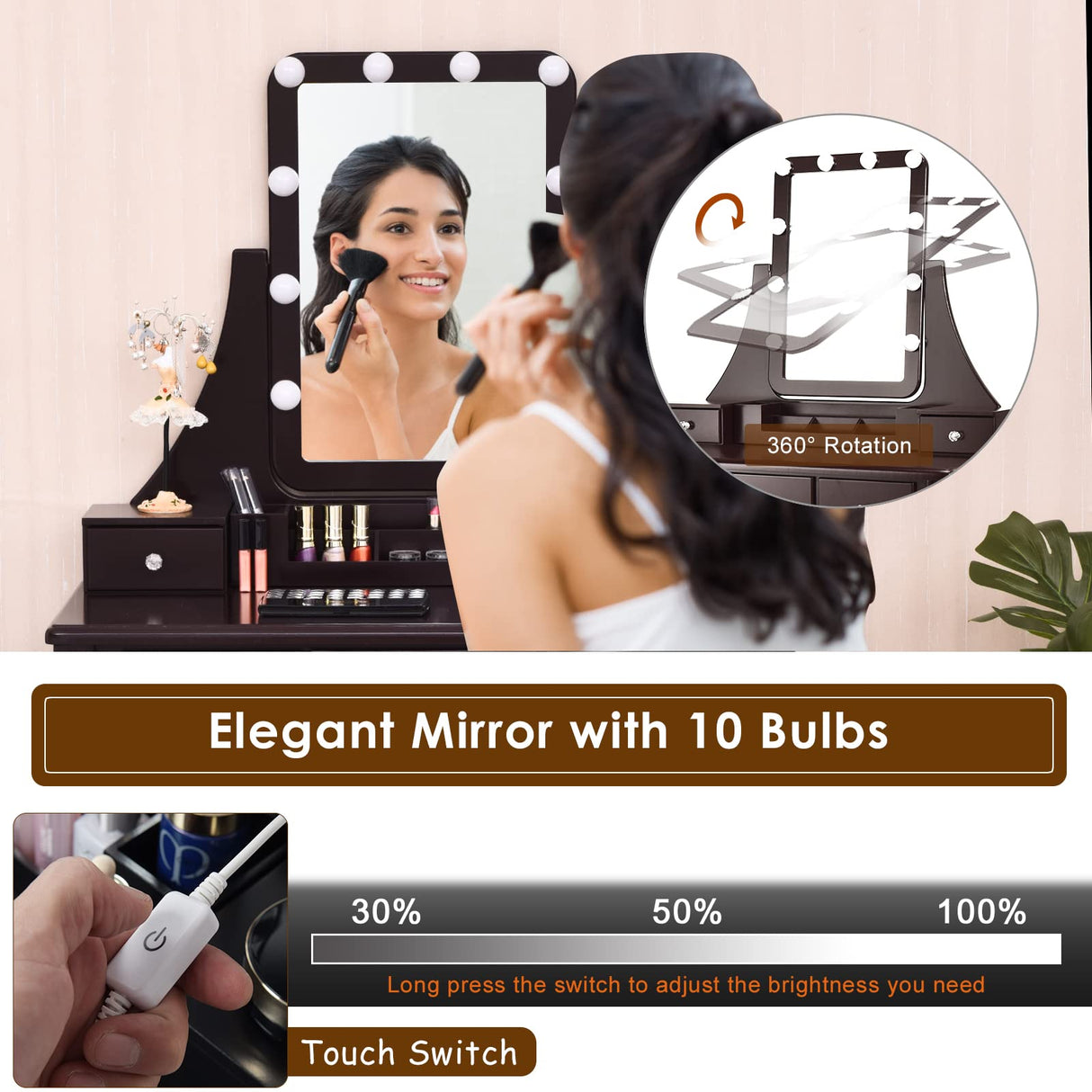 LDAILY Vanity Table Set with 10 LED Lights, Dressing Makeup Vanity with 360° Rotating Lighted Square Mirror, Cushioned Stool & 5 Drawers, Modern Bedroom Vanity Desk for Girls Women (Brown) LDAILY