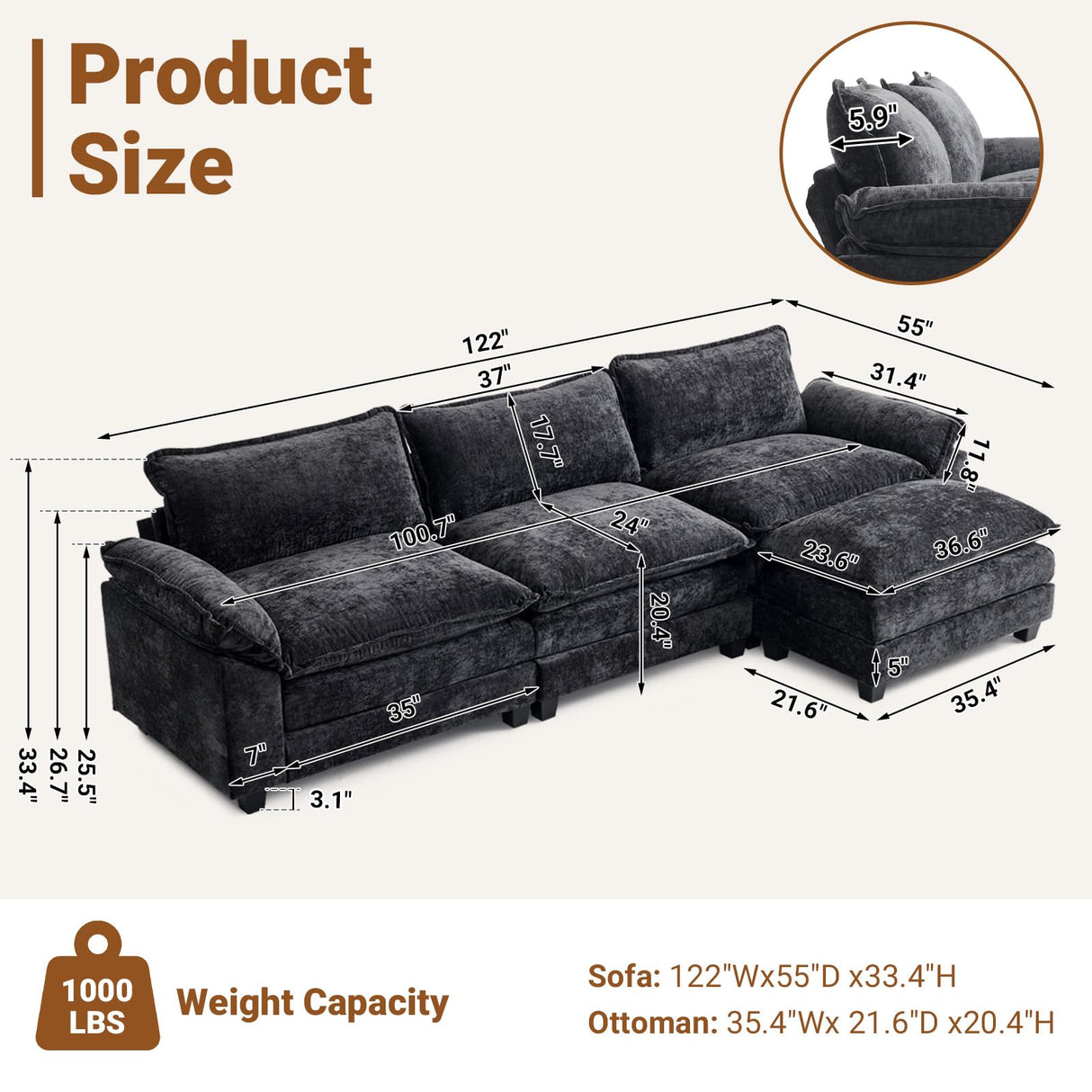 VINGLI 122" Cloud Black Convertible Sectional Sofa, Comfy L-Shape Extra Deep Seat Sofa Couch for Living Room,Modern Chenille 3-Seat Convertible Sofa with Movable Ottoman for Small Space VINGLI