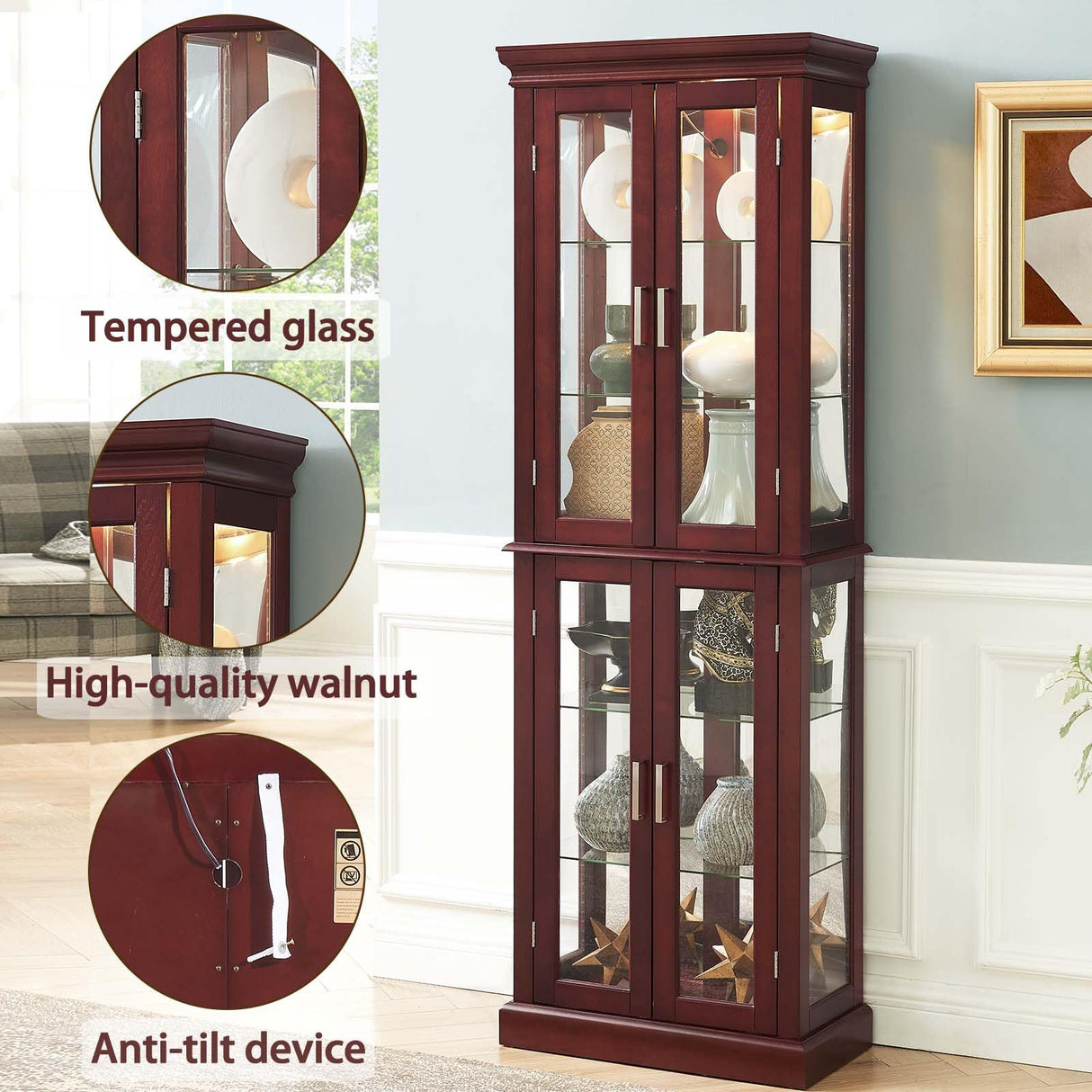 Curio Cabinet Wooden Display Cabinet,Curio Cabinet with Adjustable Glass Shelves Vintage, Lighted Curio Diapaly Cabinet,Vintage Accent Storage Cabinet with 6 Shelves,70" Curio Cabinet(Cherry) Firscook
