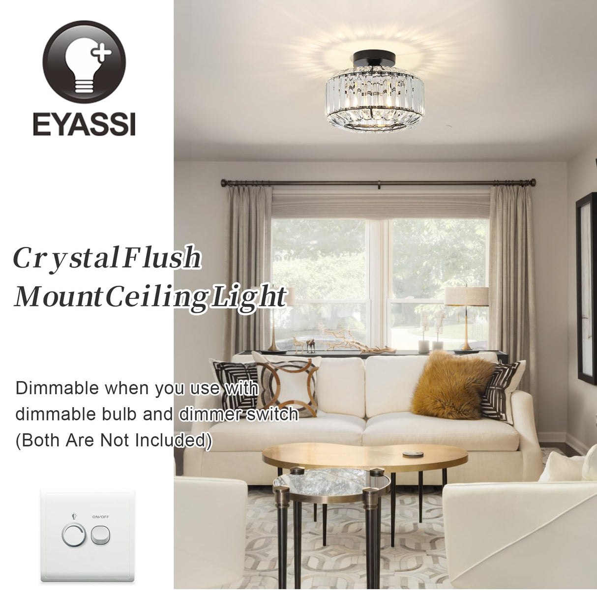 eyassi Crystal Semi Flush Mount Ceiling Light, Black Kitchen Lighting Fixtures Ceiling, Modern Bedroom Chandelier Living Room Light Fixtures Ceiling Mount, Bathroom Ceiling Light for Entryway Hallway eyassi