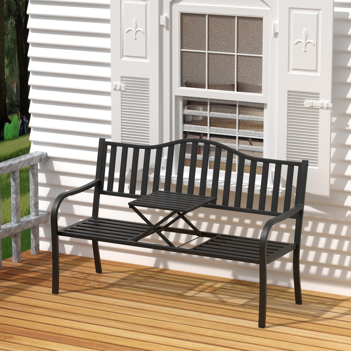 SHGJ&SOFT Outdoor Bench, Garden Bench, Cast Iron Metal Frame Patio Park Bench with a Small Table, for Porch, Lawn, Garden, Yard (D2644BK-1) SHGJ&SOFT