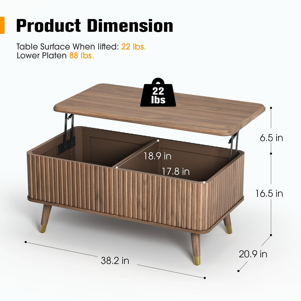 JOINICE Lift Top Coffee Table with Storage, Mid Century Modern Fluted Wood Design,Pop-Up Walnut Center Table with Hidden Compartment for Living Room & Home Office Work/Dining JOINICE