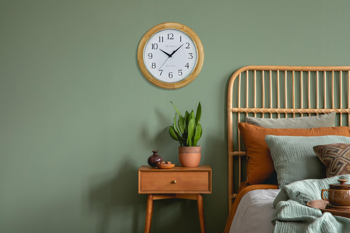 Bulova C5005 Wooden Atomic Analog Wall Clock | Automatically Sets Time | Large Roman Numerals | Battery Operated | Traditional Design Bulova