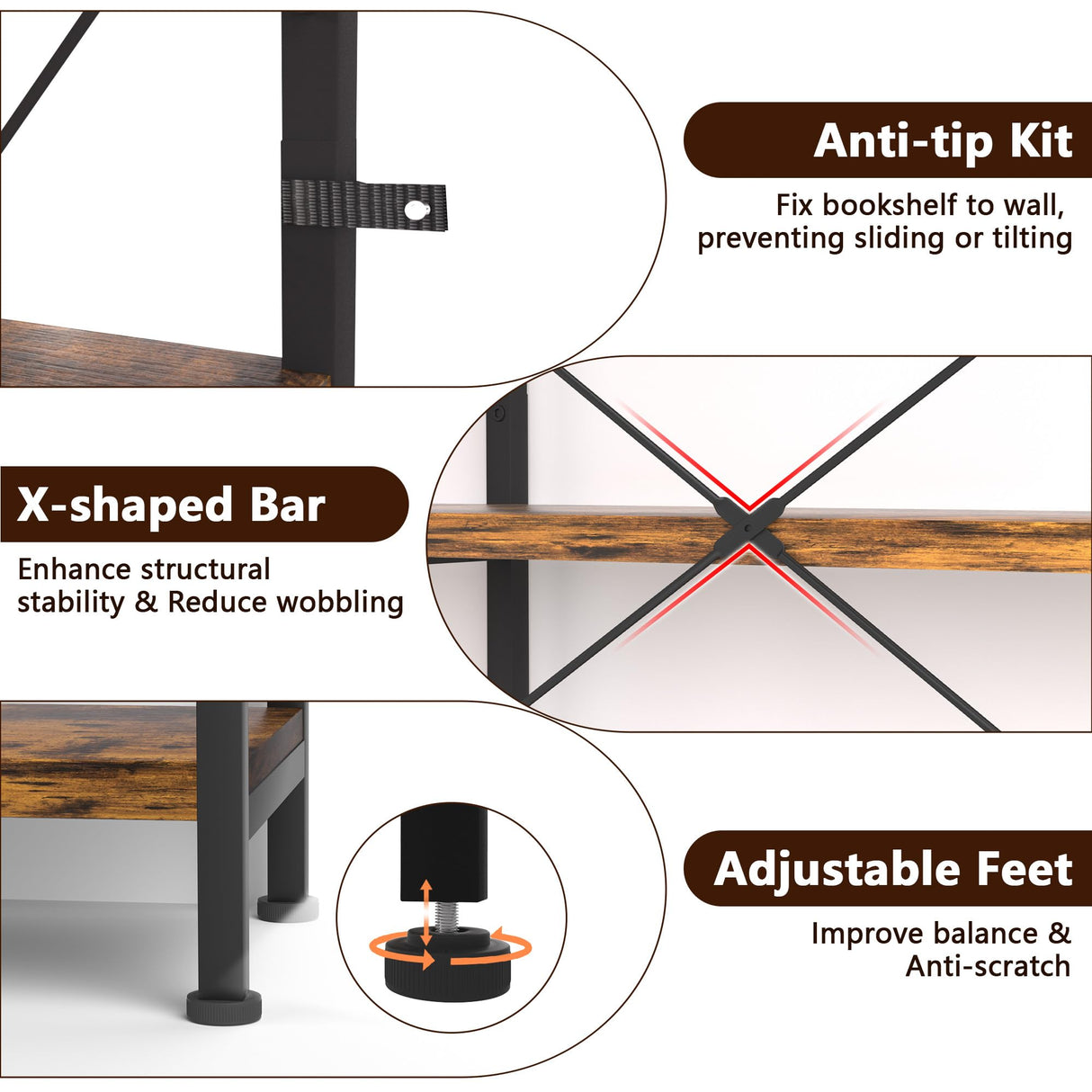 TEROL 7-Tier Corner Bookshelf, Reversible Wooden Shelves, Industrial Bookcase with Open Shelves and Sturdy Metal Frame, Display Shelf Storage Rack for Living Room, Bedroom, Home Office (Rustic Brown) TEROL