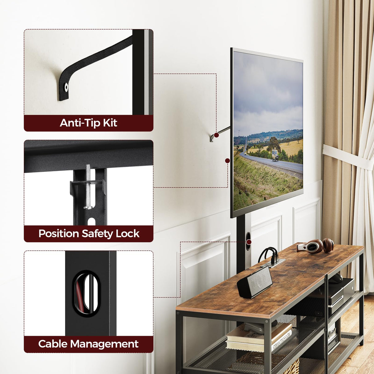 MAHANCRIS 59" TV Stand with Mount and 4 Power Outlets, Entertainment Center Media Console, Swivel TV Stand Mount up to 75 inch TVs, Height Adjustable, Metal Frame for Living Room, Bedroom TVHR35E01V MAHANCRIS