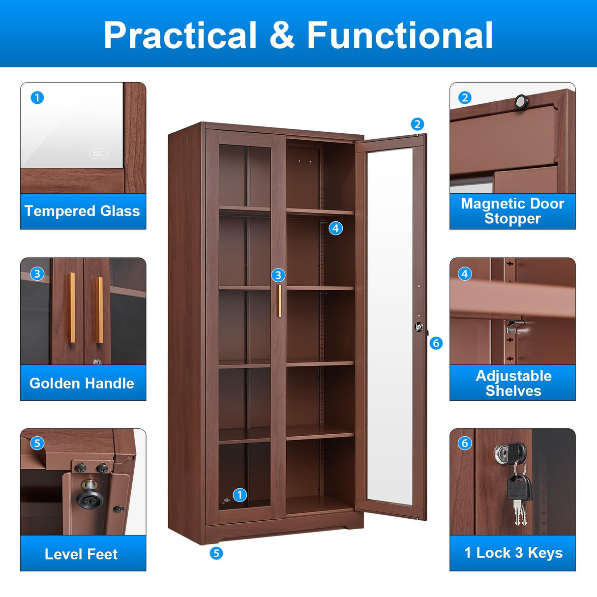 Glass Display Cabinet, Display Case with Glass Doors and Shelves, Metal Curio Cabinets with Locking, 71" Tall Bookcase with Glass Doors for Home, School, Clinic (Wood Color)- Assemble Required Polup