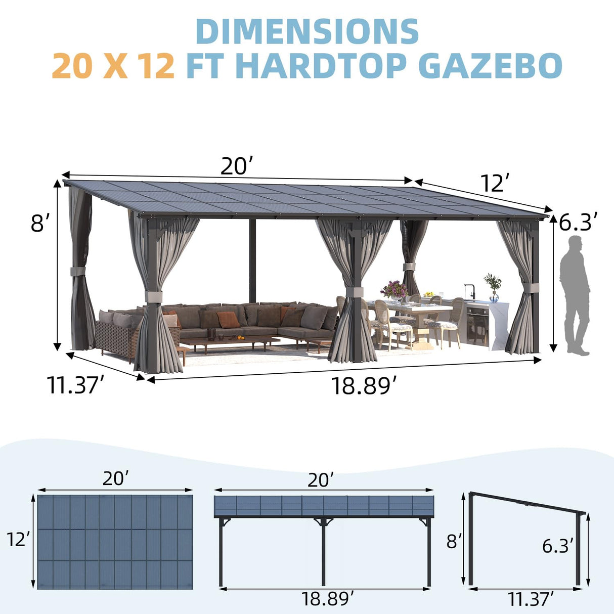 AECOJOY 20' X 12' Gazebo for Patio, Large Wall-Mounted Lean to Pergola Gazebo with Curtains and Netting, 12x20 Hard Top Pergolas and Gazebos on Clearance for Lawn Backyard Garden Deck AECOJOY