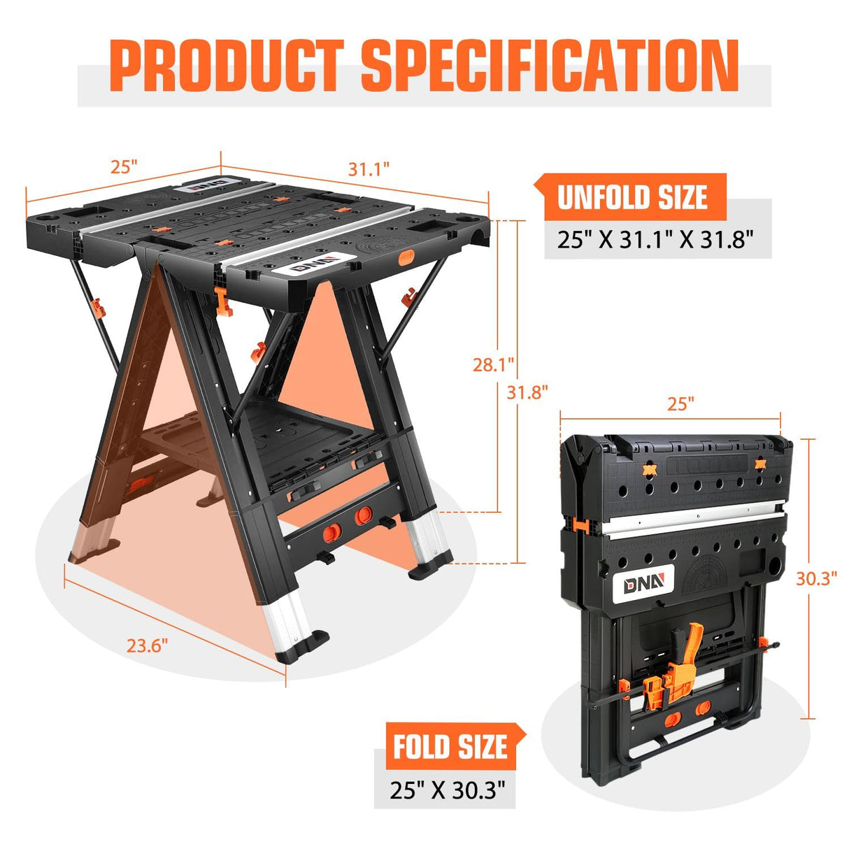 DNA MOTORING 2 in 1 Portable Workbench, Heavy-Duty Load Capacity Folding Table & Sawhorse, 31" Lx 25" W Lightweight Design Folding Work Table, w/ 2pcs Clamps, TOOLS-00712 DNA MOTORING