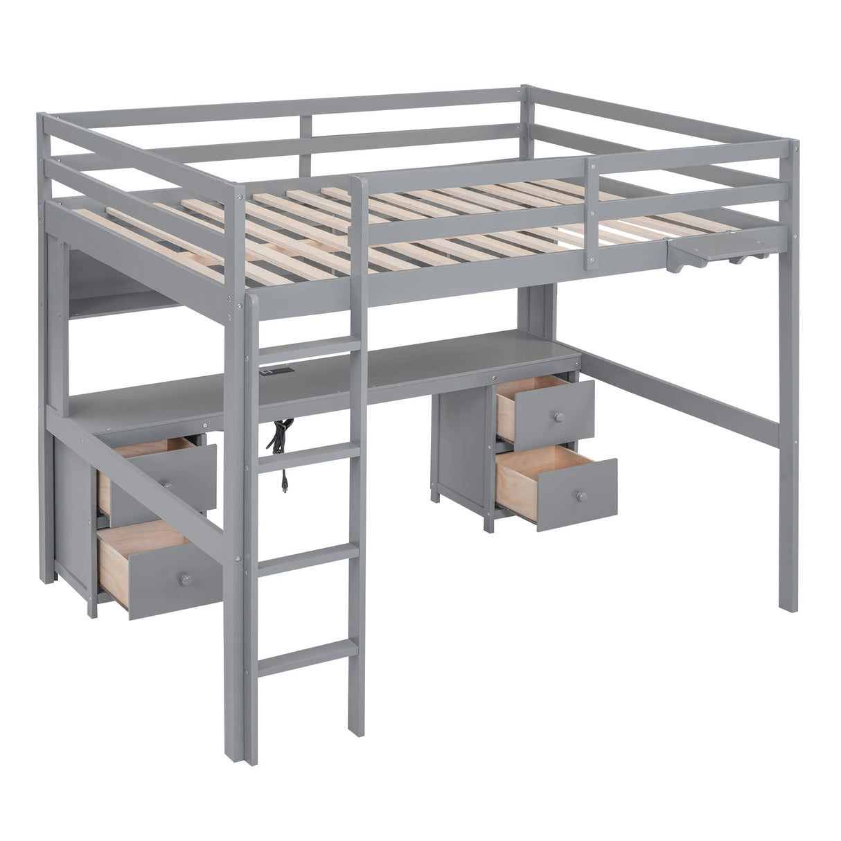 Full Size Loft Bed with Desk, Storage, Charging Station and Safety Features in Grey Bellemave