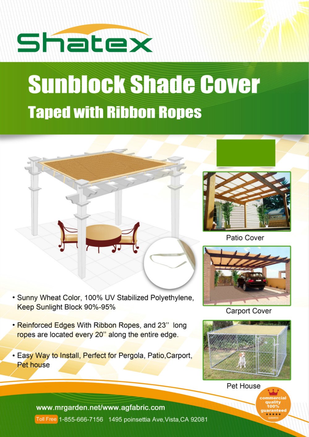 Shatex Shade Panel 10' x 18' Block 90% of Sunlight with Ready-tie up Ribbon for Pergola Gazebo Porch, Wheat Shatex