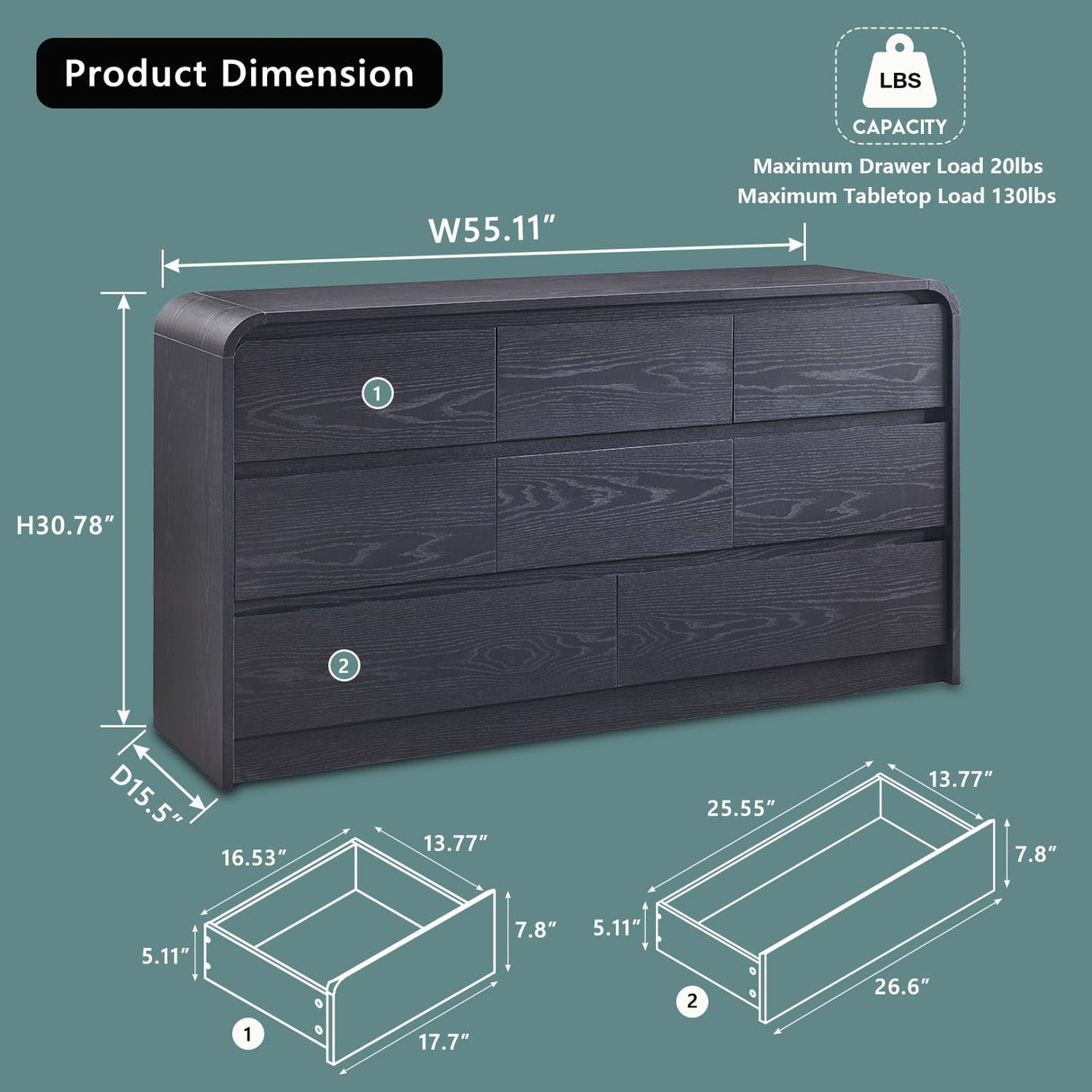 Aitjunz Modern 8 Drawers Dresser for Bedroom, 55" Wide Dressers & Chest of Drawers w/Curved Profile Design, Wood Mid Century Storage Dressers Organizer for Bedroom, Living Room, Black Aitjunz