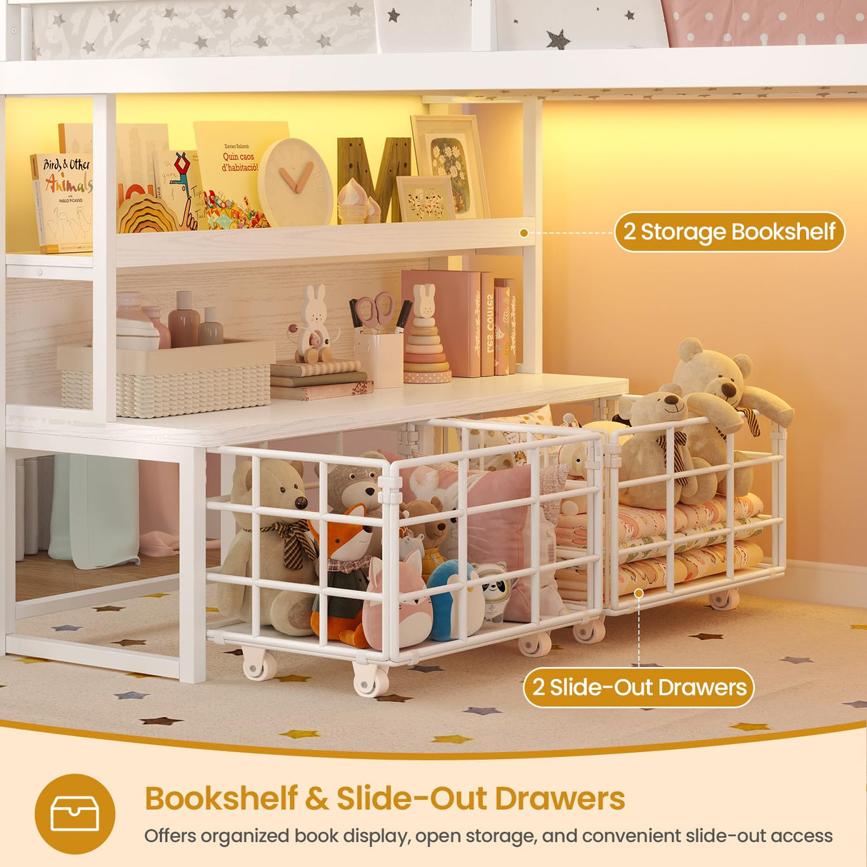 ADORNEVE Low Loft Bed Twin Size with 5 Storage Drawers, Twin Loft Bed with Bookcase & LED Lights, Open Storage Shelves, Metal House Bed with Safety Guardrail & Under-Bed Play Space for Kids, White ADORNEVE