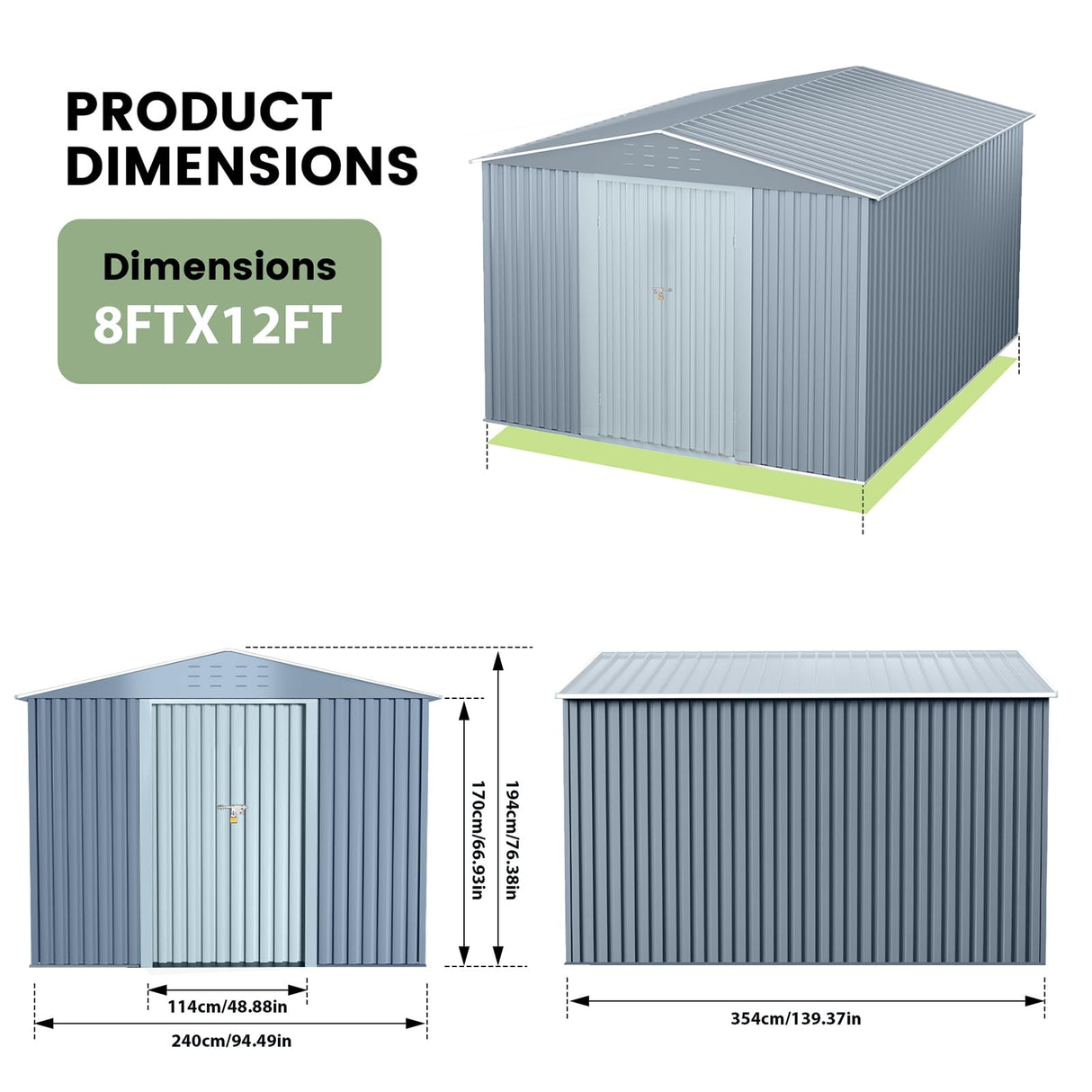8x12 FT Outdoor Metal Storage Shed, Large Metal Storage Sheds with Sturdy Frame Structure, Garden Tool Shed with Lockable Door for Garden, Lawn, Backyard, Gray CuisinSmart