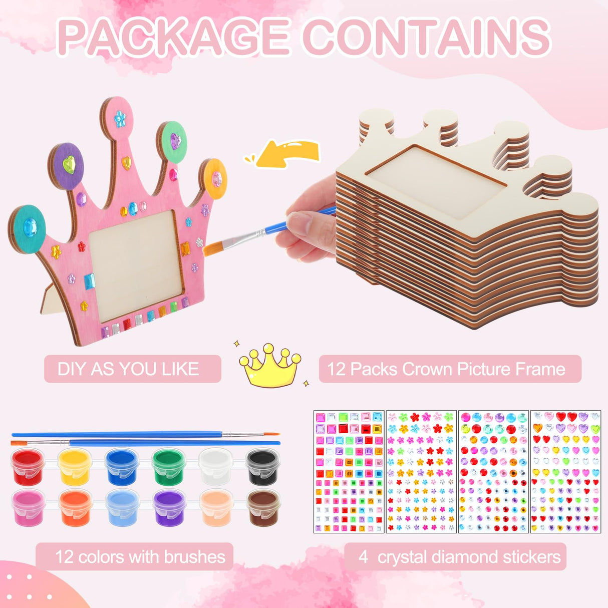 Blueweenly 12 Pcs DIY Picture Frame Painting Craft Kits for Kids Wooden Crown Princess Party Favors Paint and DIY Your Own Frame with 88 Cell Rhinestone Stickers 12 Color Paint for Girls Birthday Blueweenly