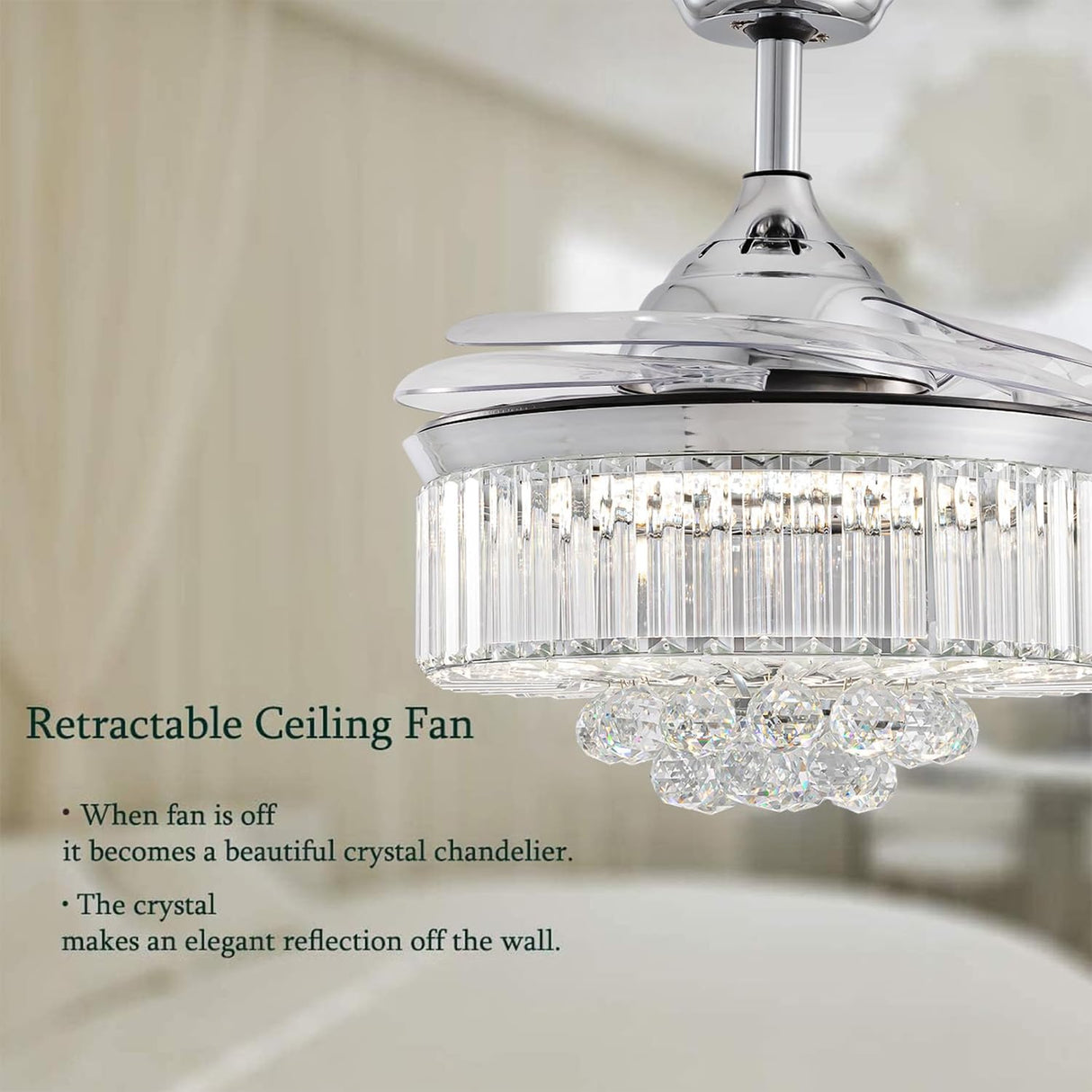 Moooni Dimmable Fandelier Crystal Ceiling Fans with Lights and Remote Modern Invisible Retractable Chandelier Fan LED Ceiling Fan Light Kit -Polished Chrome 36 Inches Moooni