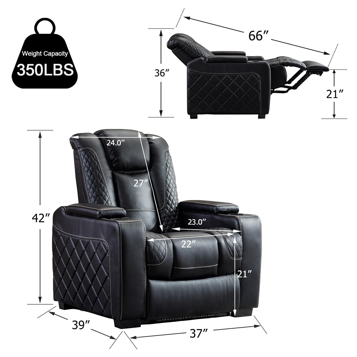 CANMOV Electric Power Recliner Chair with Ambient Lighting, Faux Leather Dual Motor Power Home Theater Seating with Adjustable Headrest, Hidden Arm Storage,Cup Holders,USB Ports (Single, Black) CANMOV
