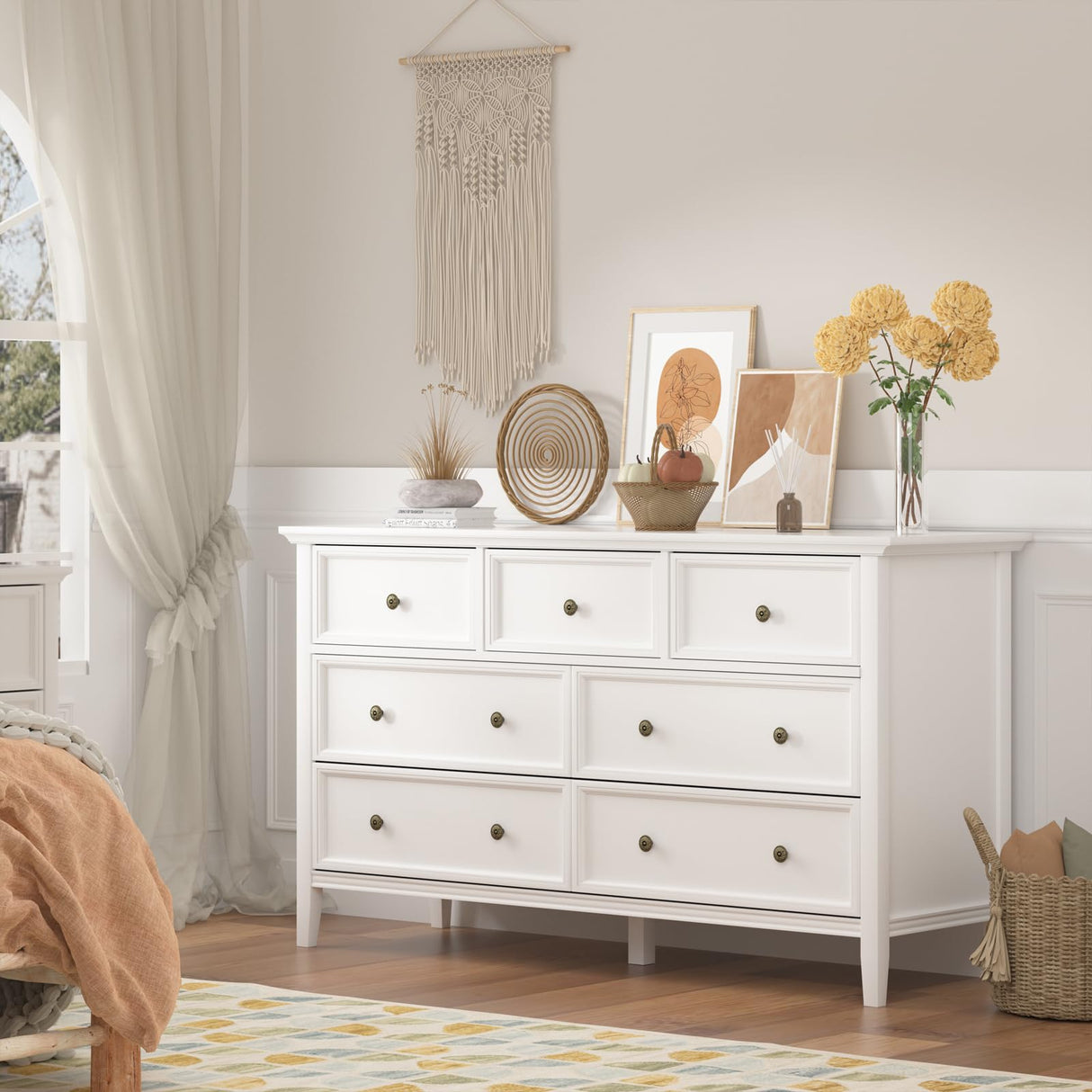 IKENO White 7 Drawer Dresser for Bedroom, Modern Solid Wood Large Storage Cabinet, Simple White Chest of Drawer for Bedroom Living Room Hallway Entryway (White) IKENO
