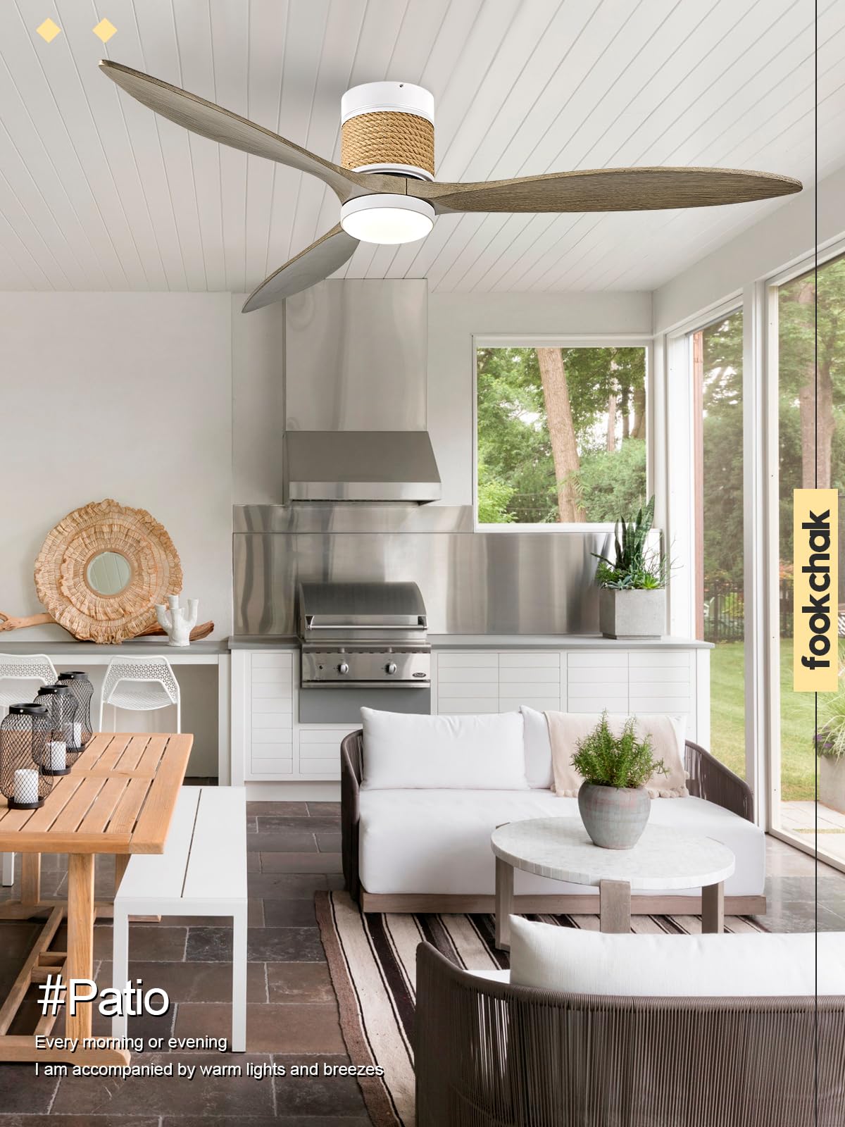 60in Boho White Ceiling Mount Fan Light Dimmable with Remote Control 3 Blade Hemp Rope Ceiling Fan with Light Coastal Weathered Wood Ceiling Fan Outdoor for Balcony Kitchen Bedroom, F22 FookChak