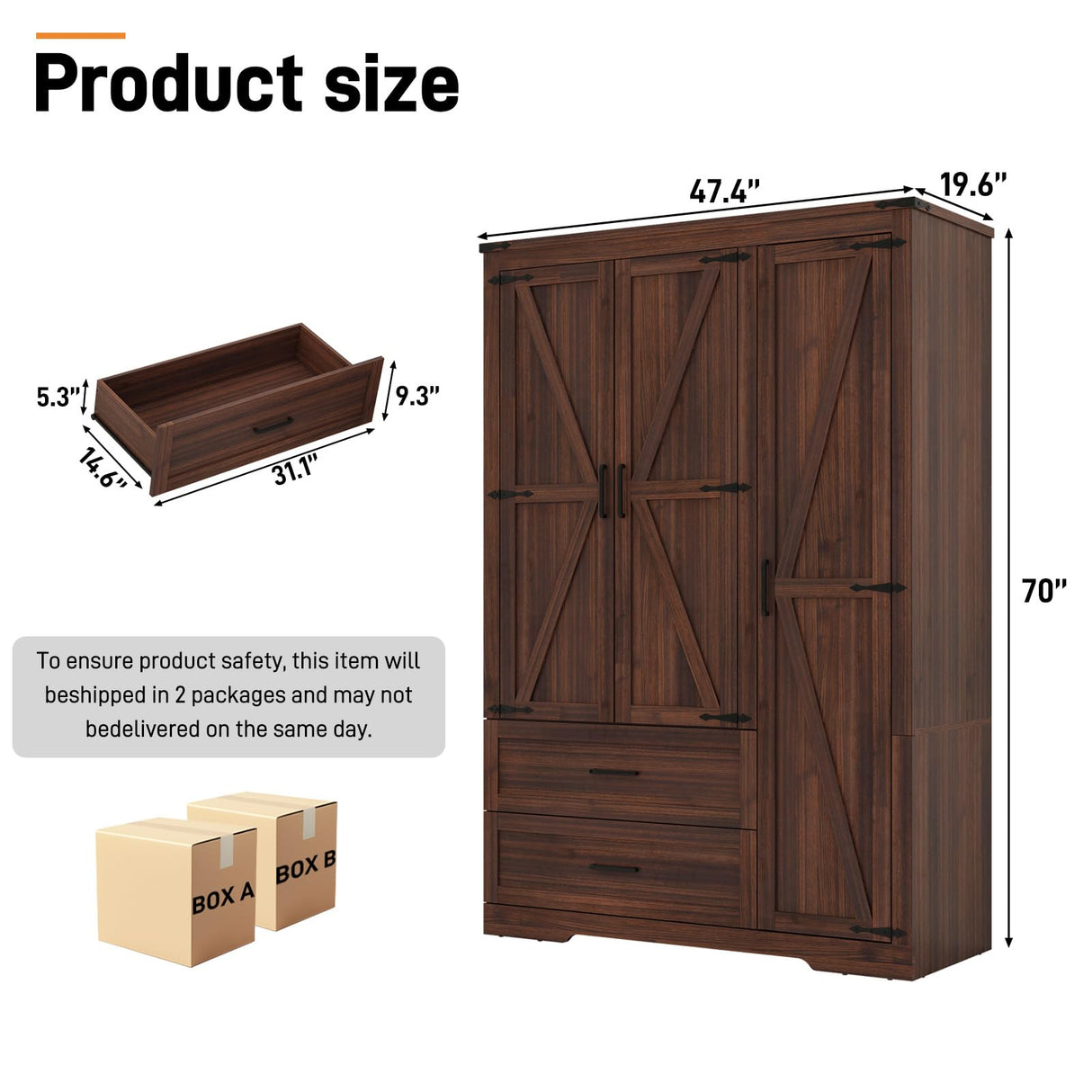 Farmhouse Wardrobe Armoire Closet with 3 Doors and 2 Drawers, 70.1" Wooden Clothing Storage Cabinet, Freestanding Large Capacity Storage Wardrobe Armoire with Hanging Rod for Bedroom, Brown St.Mandyu