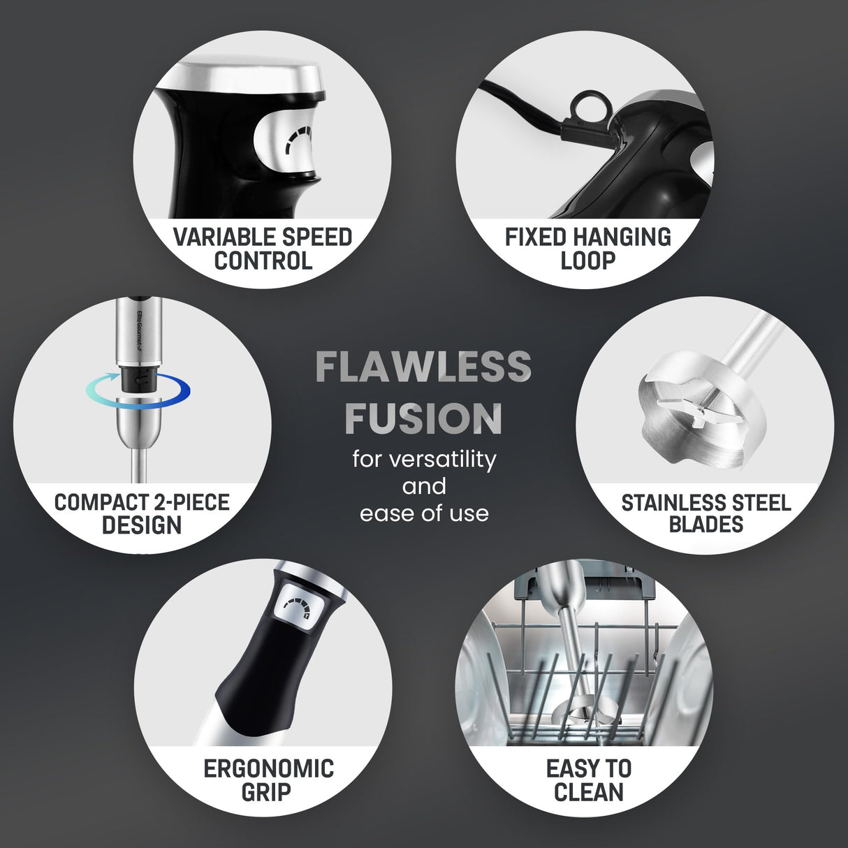 Elite Gourmet EHB1062 Variable Step-less Speed Immersion Hand Blender 500 Watts with Turbo, Stainless Steel Blades, Pressure Controlled Stick Mixer, Sauces, Soup, Smoothies, Baby Food, Stainless Steel Elite Gourmet