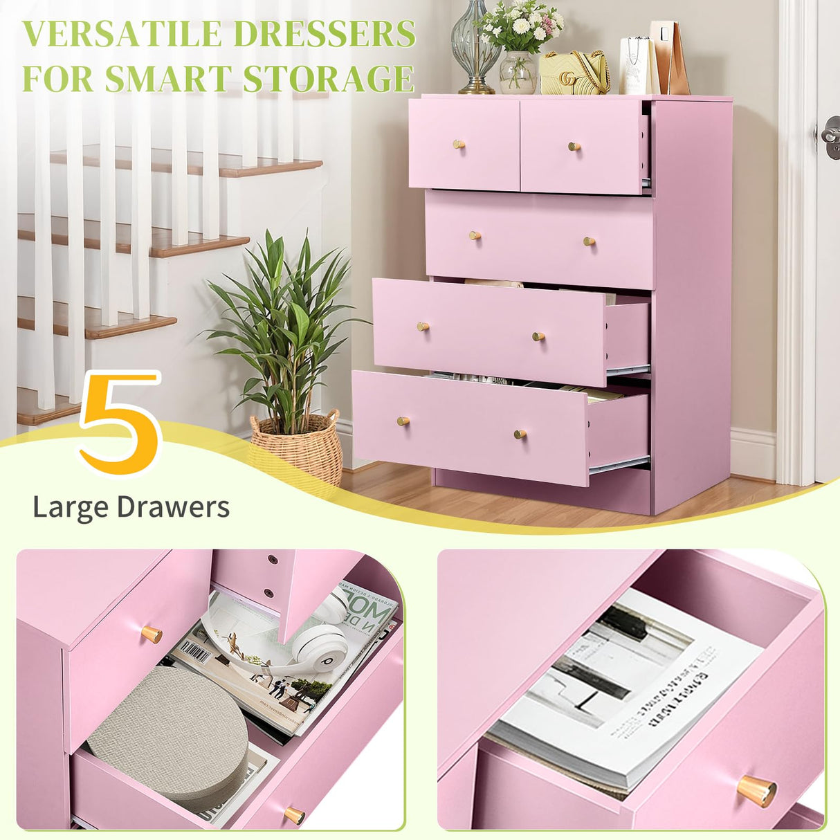 Karl home Dresser for Bedroom, Modern Wood Dresser Chest of Drawers, Bedroom Dressers Nightstand, Anti-Tipping Device, Rose Gold Metal Handle, Living Room, Hallway, Office (Pink-5 Drawer) Karl home