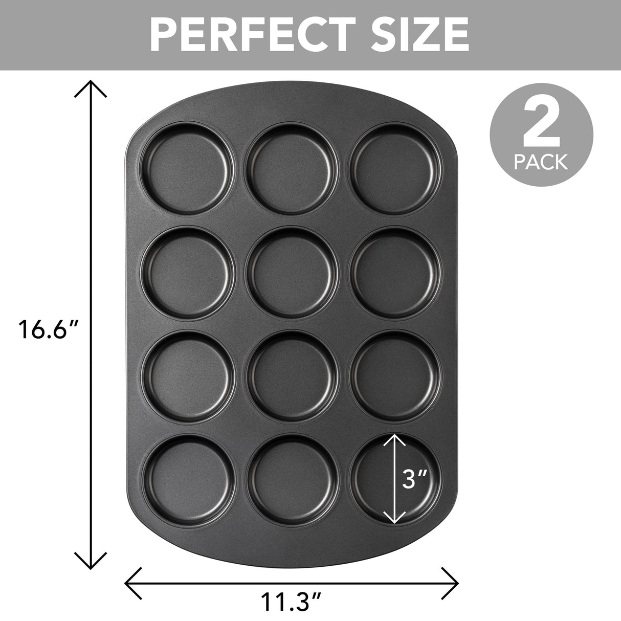 Tiawudi Muffin Top Pan, 12 Cavity Cupcake Pan, Nonstick Baking Pan for Eggs, Cornbread and Cookies, Whoopie Pies Pan, 3 Inch Yorkshire Pudding Pan, Set of 2 Tiawudi
