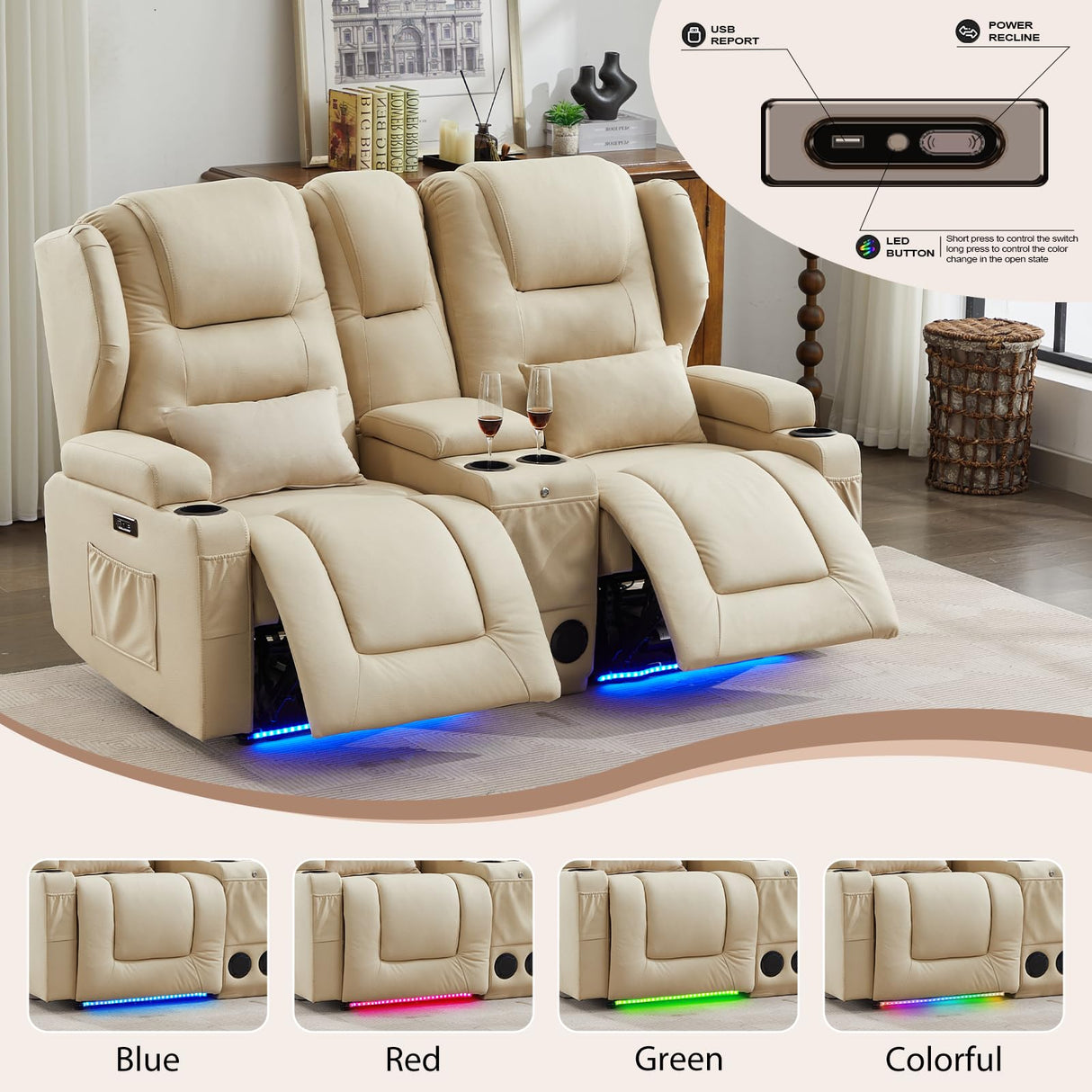 Oprisen 2-Seater Power Loveseat Recliner Electric Reclining Sofa Couch Wall Hugger Recliner Home Theater Seating w/Multi-Function Console/Cup Holders/LED Ambient Light Oprisen